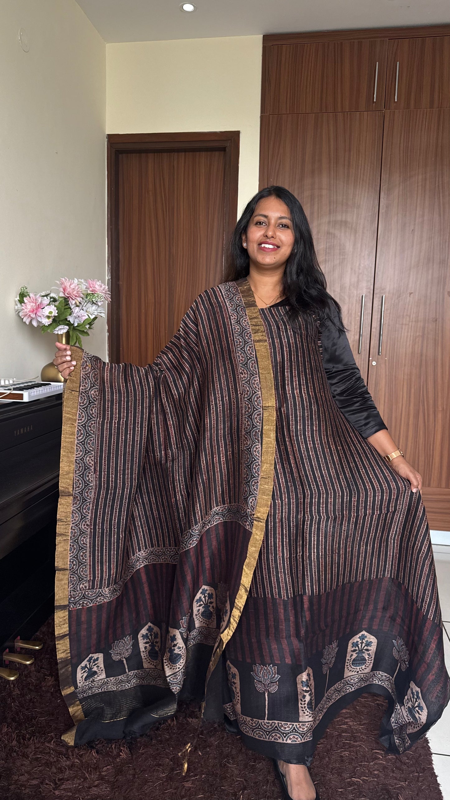 Black Straight Strips Kamal Buta Pure Ajrakh Silk Linen 2 pc Suit Material