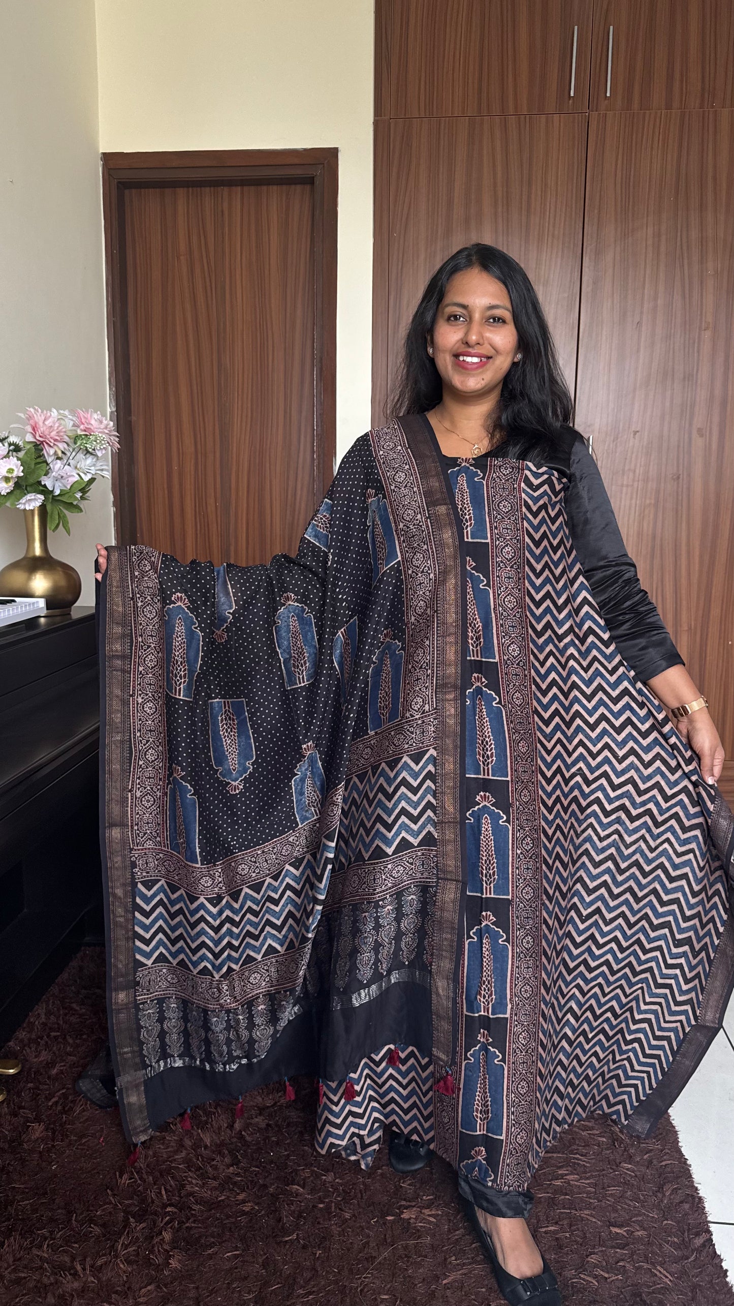 Black Jharokha Zig Zag Ajrakh HandBlocked Maheshwari Silk Cotton 2 Piece Suit Set