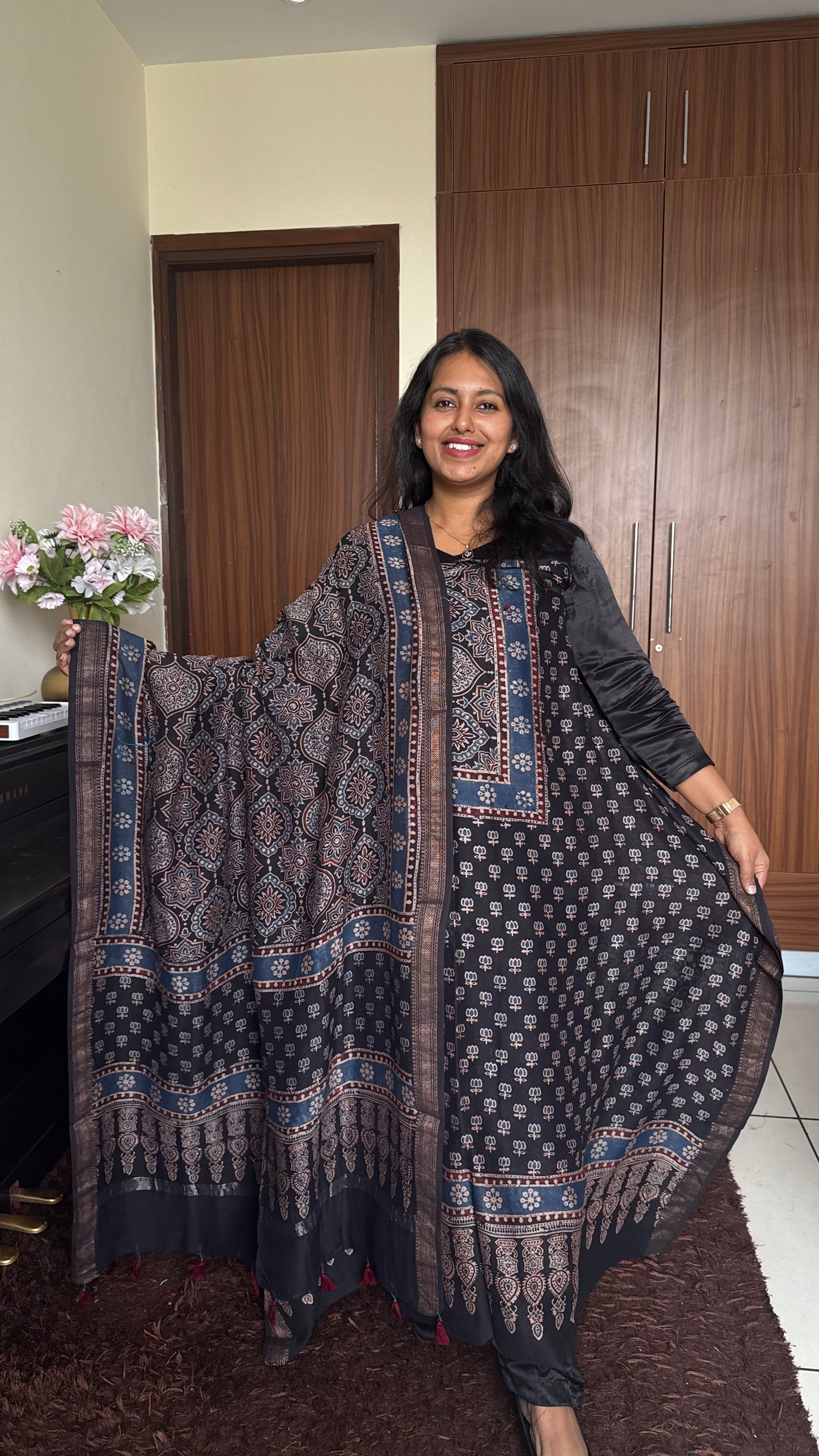 Black Kamal Buta Yoke Ajrakh HandBlocked Maheshwari Silk Cotton Suit 2 Pc