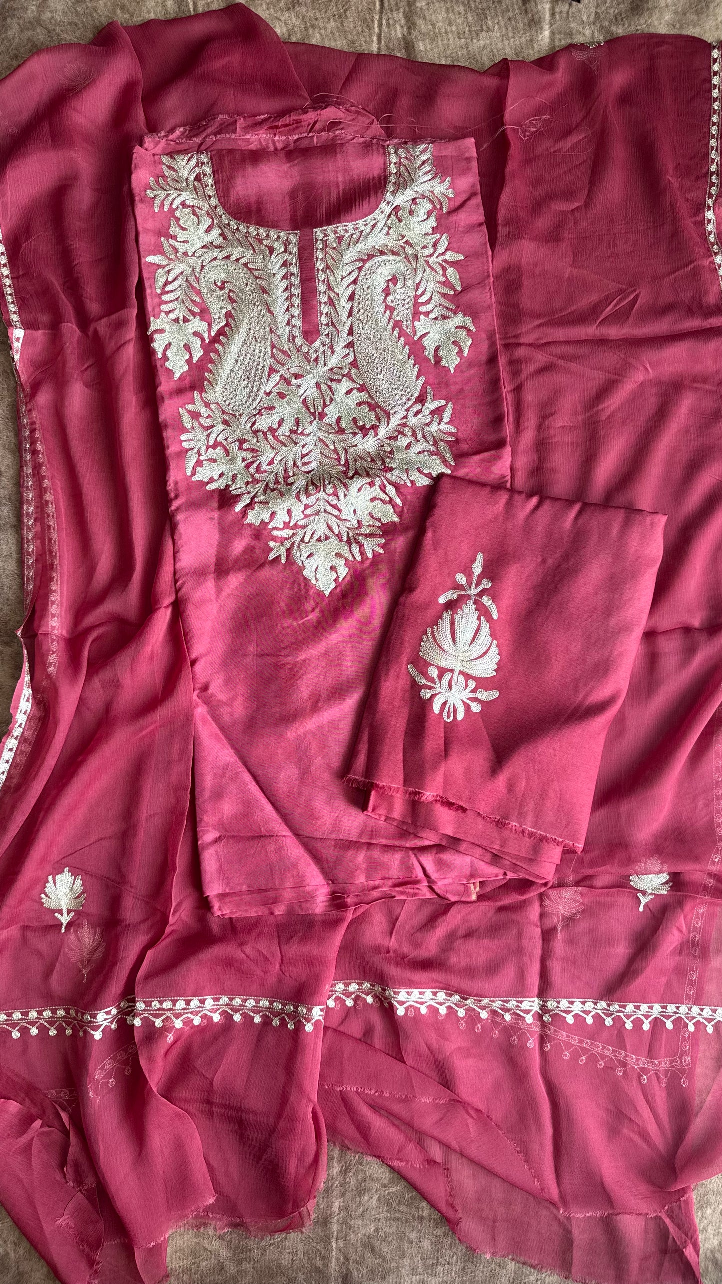 Gajari Red Uppada Silk 3 Piece Suit Set with Kashmiri Tilla Embroidery