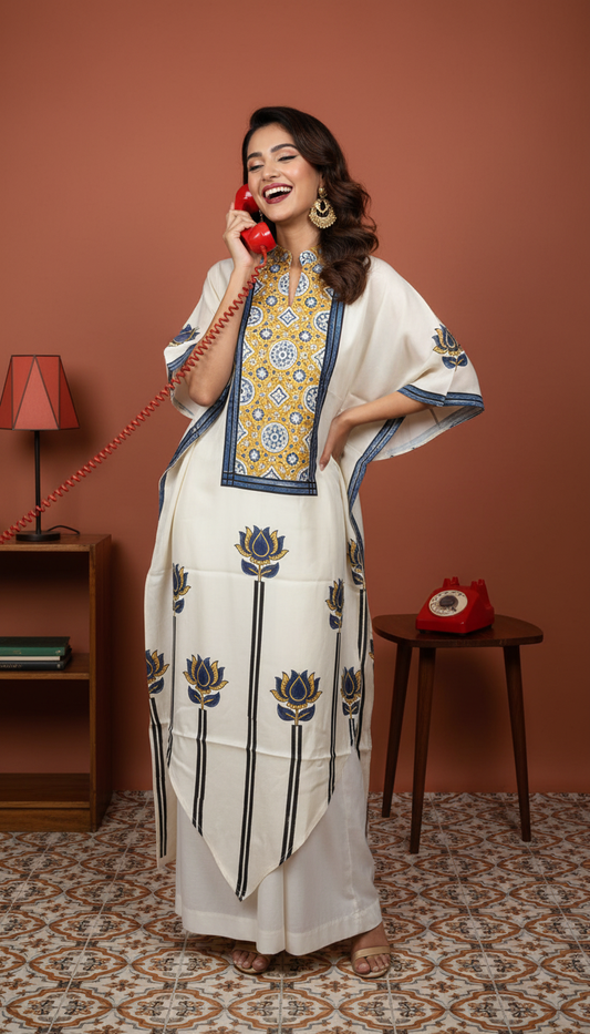 Off White Rising Kamal Modal Silk Ajrakh Hand Block Print Designer Unstitched Fabric (Kurta Only)