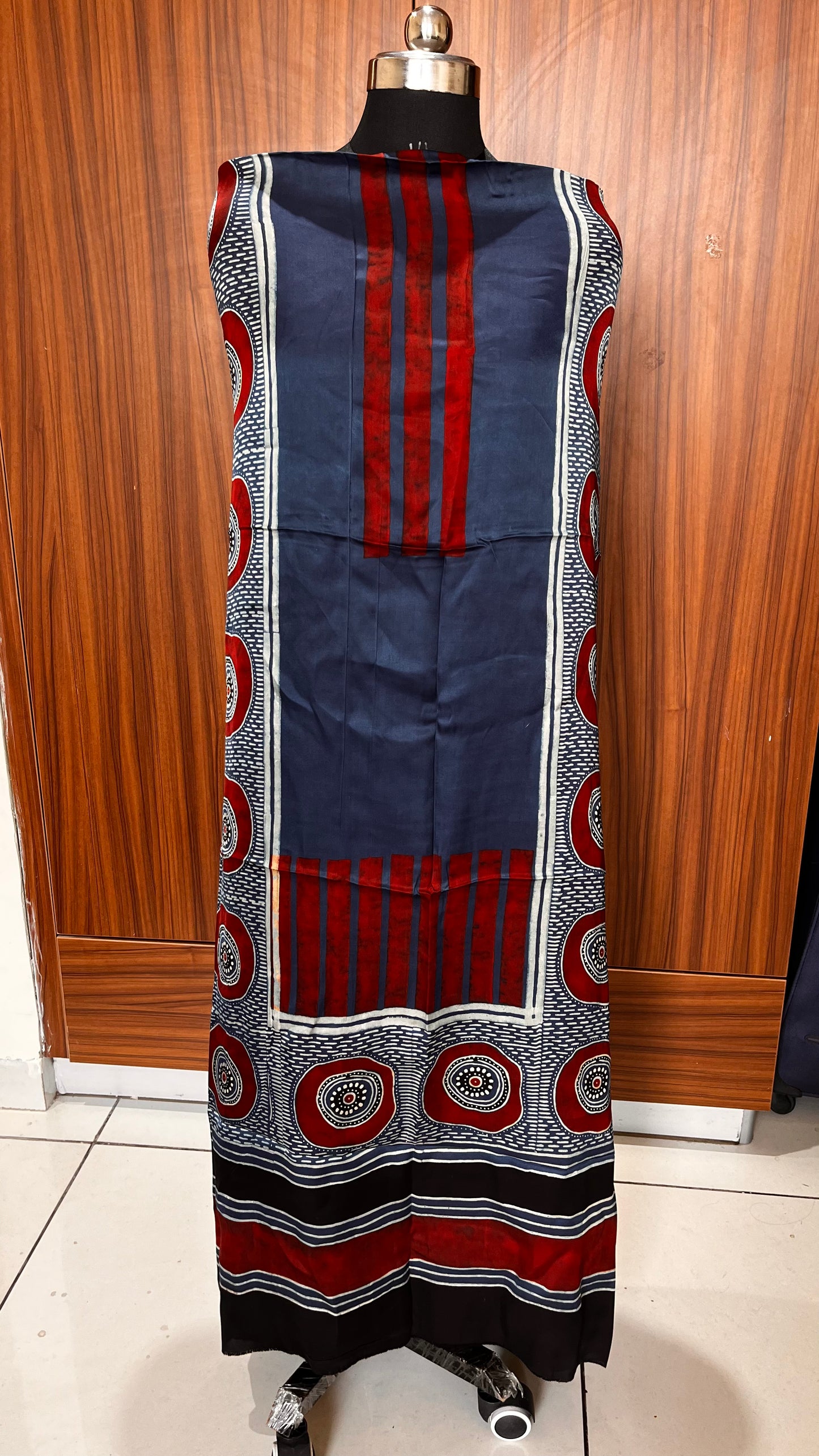 Blue Solid Shade Modal Silk Ajrakh Hand Block Print Designer Unstitched Fabric (Kurta Only)