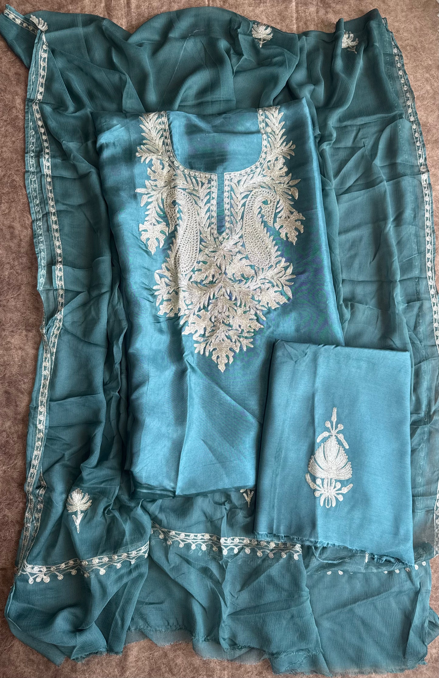Cyan Blue Uppada Silk 3 Piece Suit Set with Kashmiri Tilla Embroidery