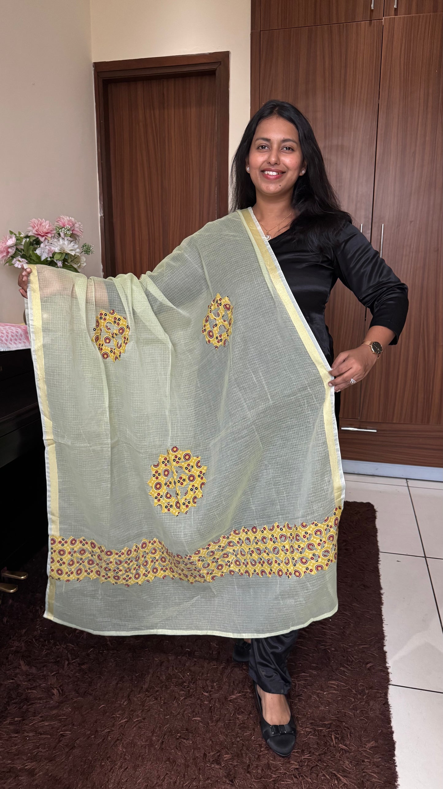 OffWhite Kota Doria Dupatta with Mustard Ajrakh Applique Patchwork