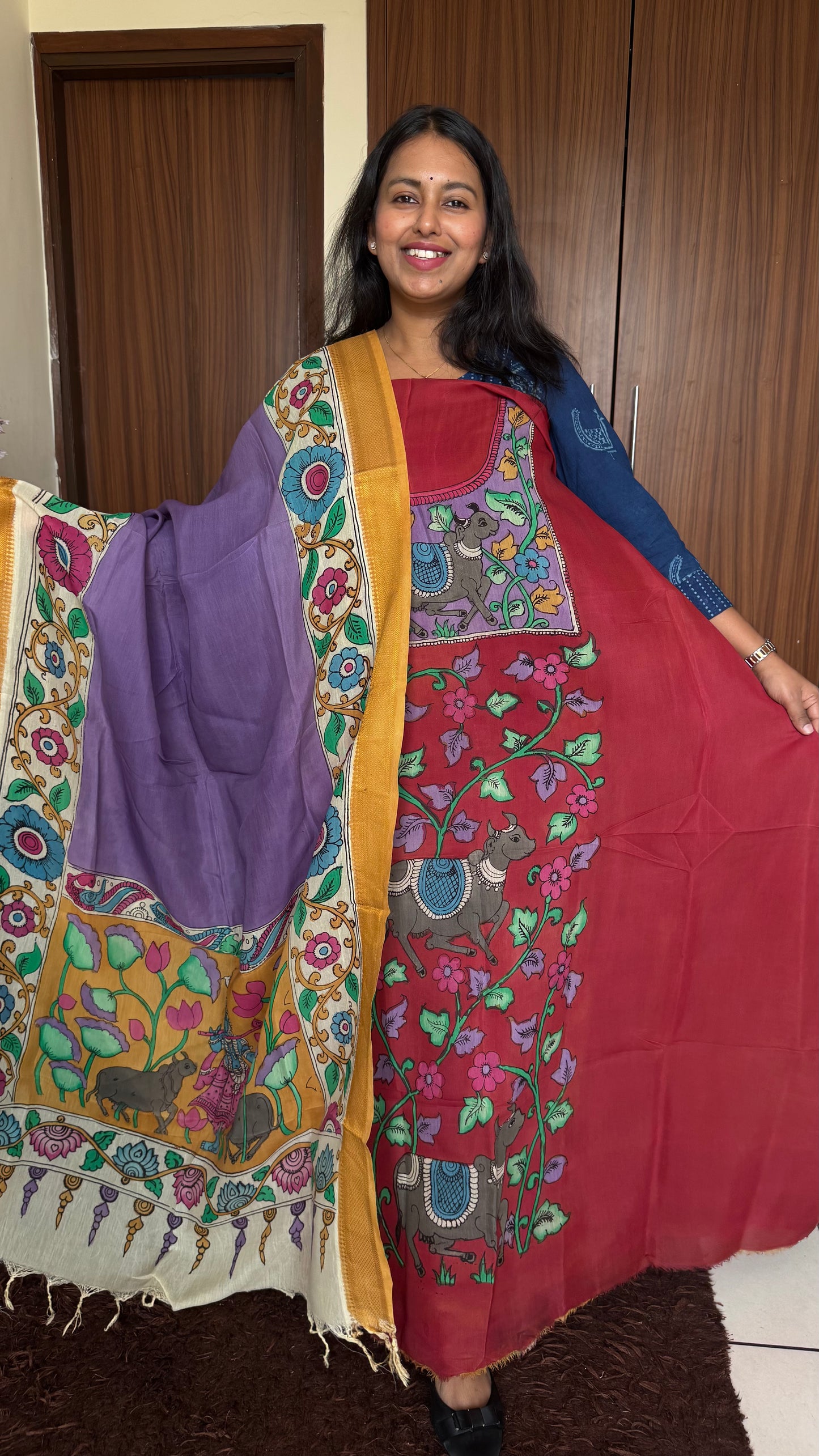 Red & Purple Bangalore Silk Pen Kalamkari Kurta Dupatta Set