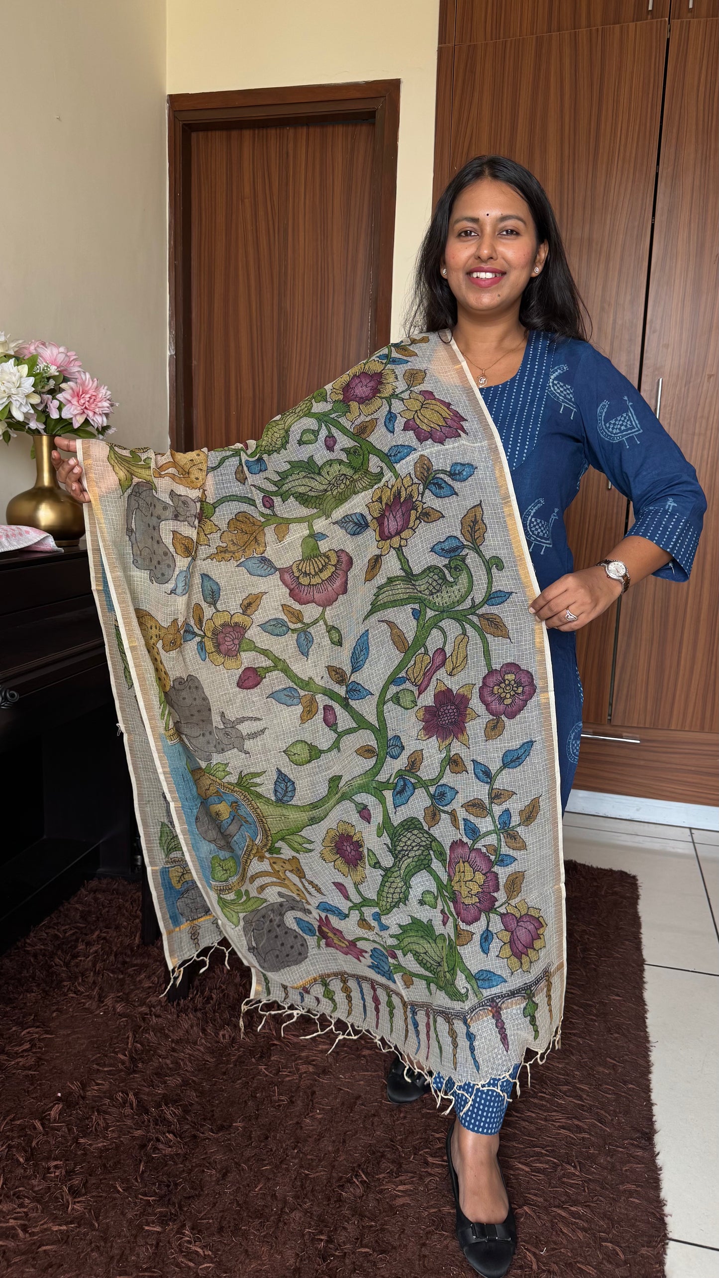 OffWhite Kota Doria Dupatta with Pen Kalamkari Painting & Gota Patti Border