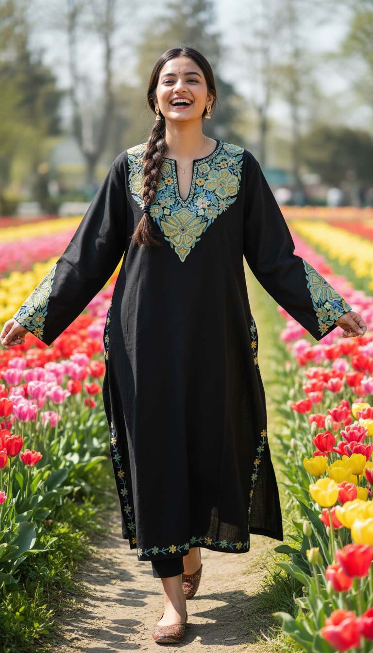 Midnight Black Aari Hand Embroidered Pure Marino Wool Pheran with Pockets