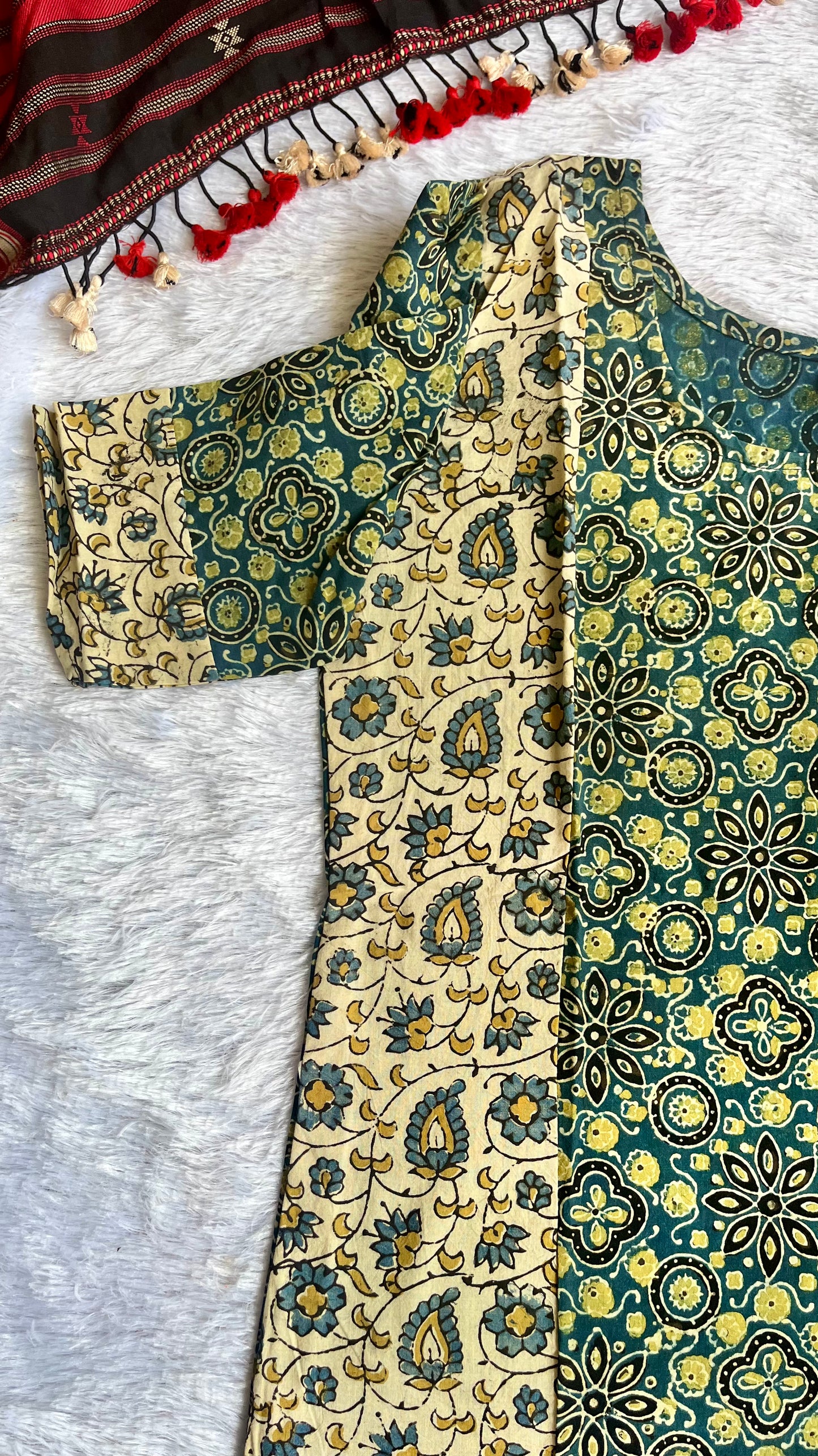 Off White and Blue Ajrakh Handblock Pure Cotton Short Kurti