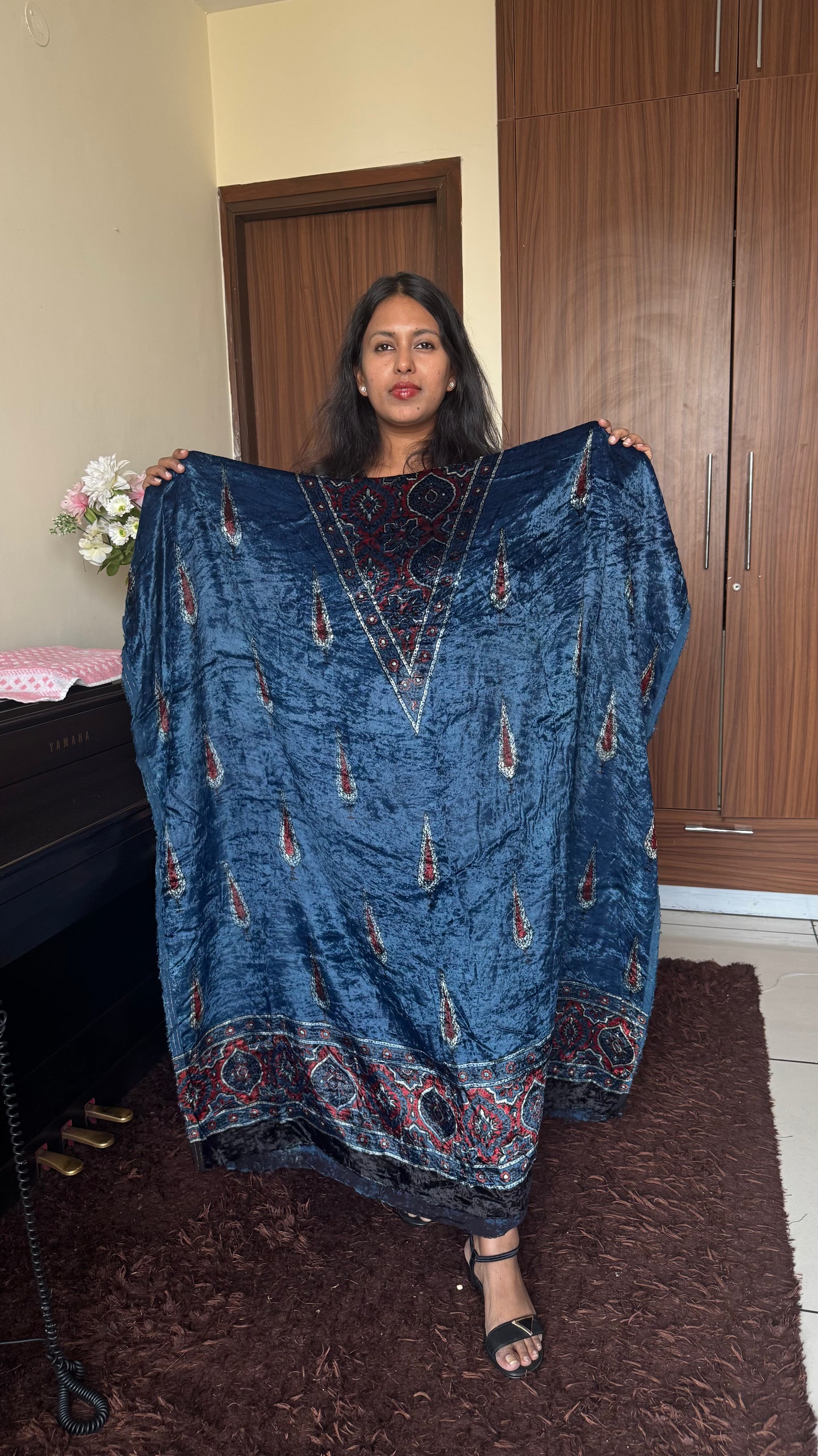 Blue Black Polka Dot Ajrakh Hand Block Velvet Unstitched Fabric (Kurta Only)