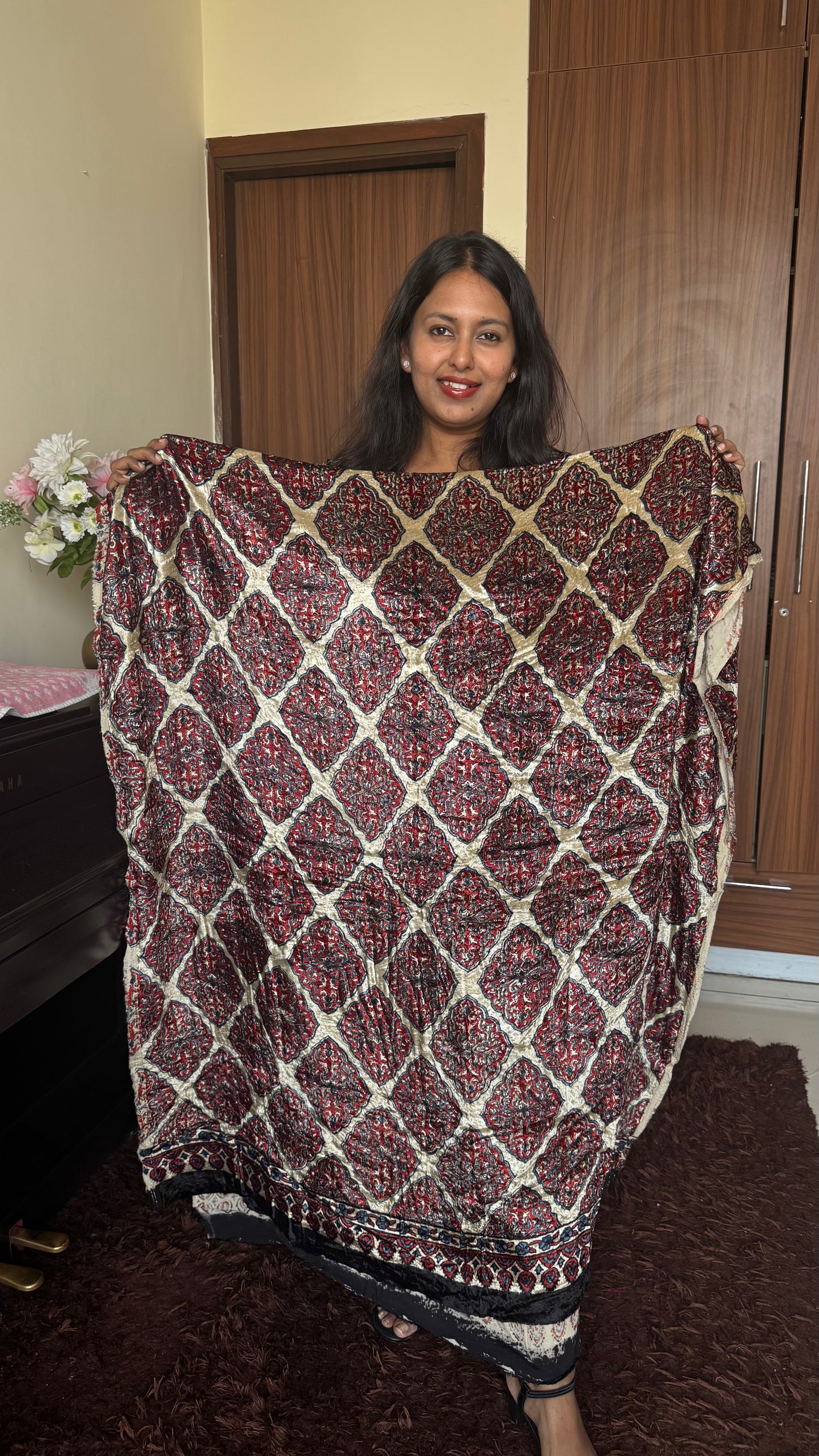 Red Beige Diamond Ajrakh Hand Block Velvet Unstitched Fabric (Kurta Only)