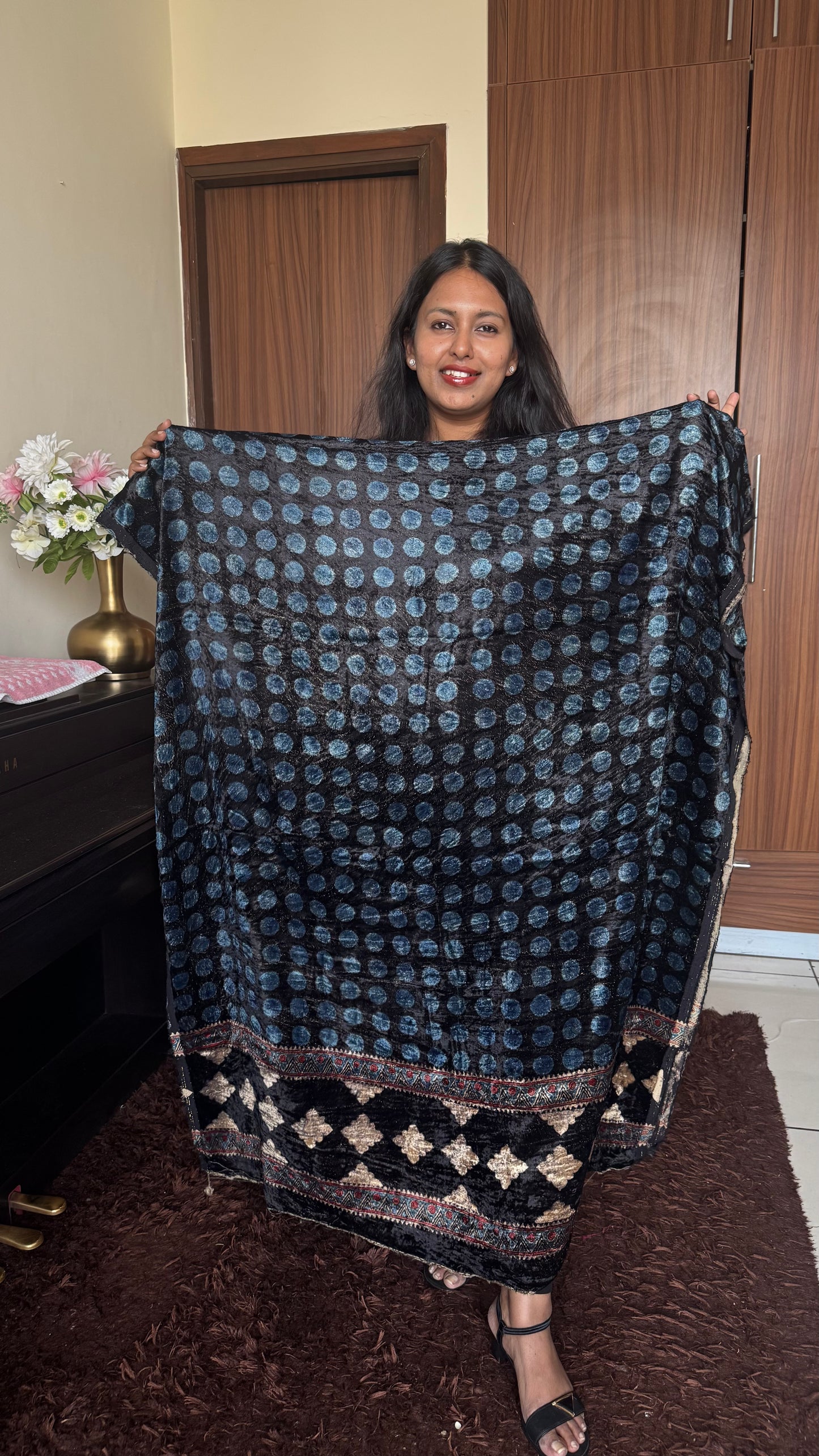Blue Black Polka Dot Ajrakh Hand Block Velvet Unstitched Fabric (Kurta Only)