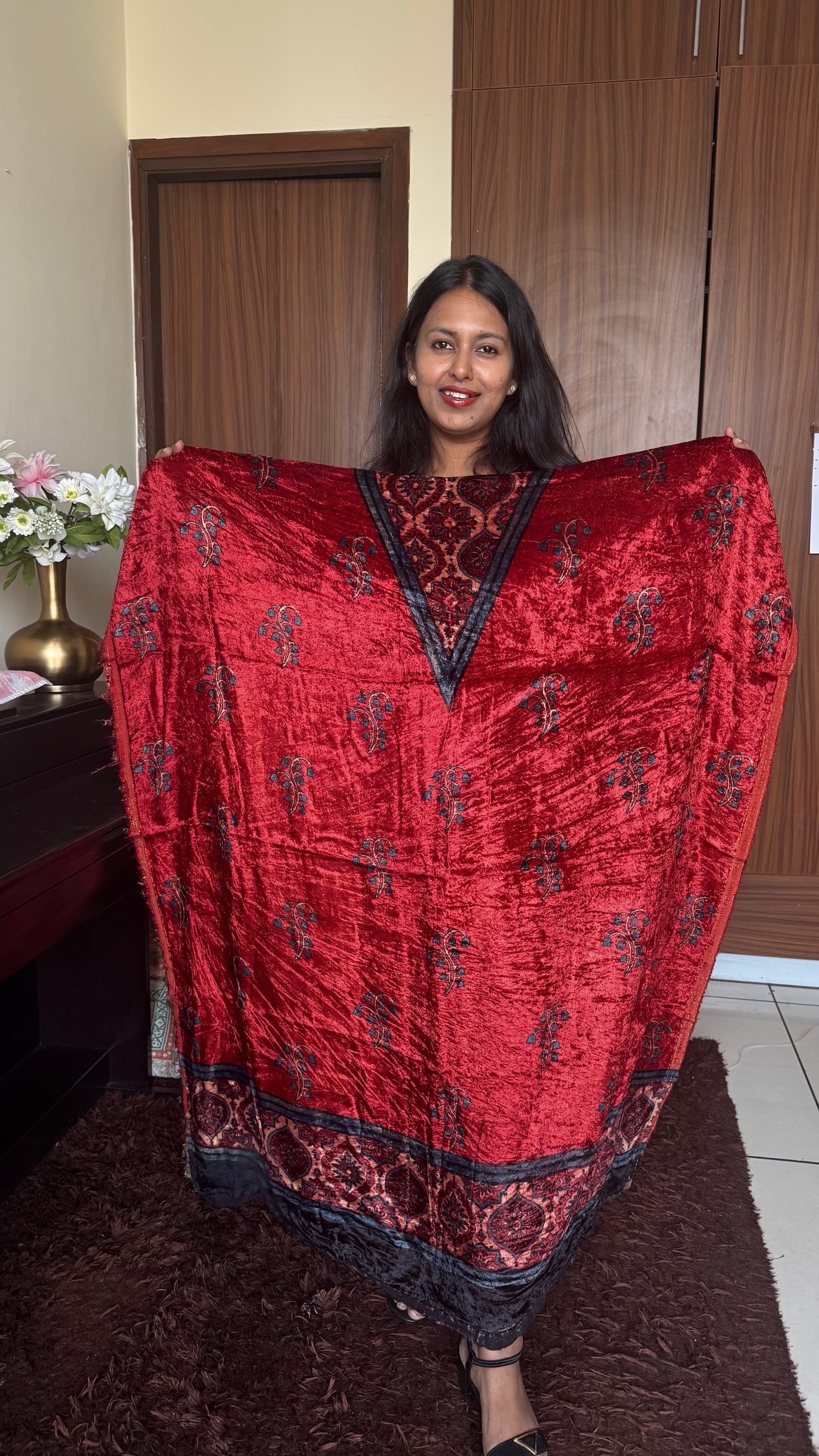Red Flower Motif Yoke Ajrakh Hand Block Velvet Unstitched Fabric (Kurta Only)