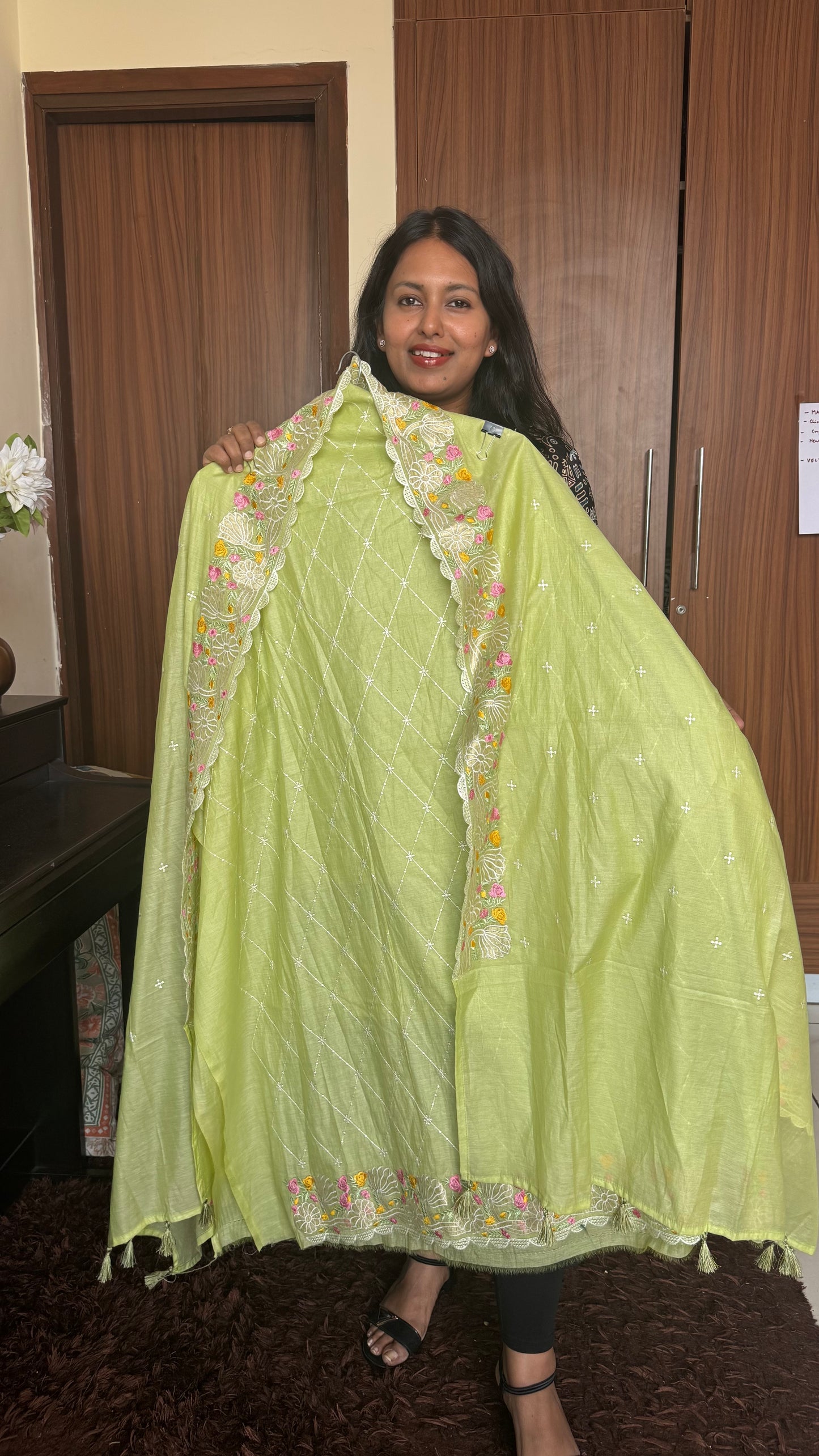 Parrot Green Mul Chanderi Thread Weave Suit Set-3 Piece