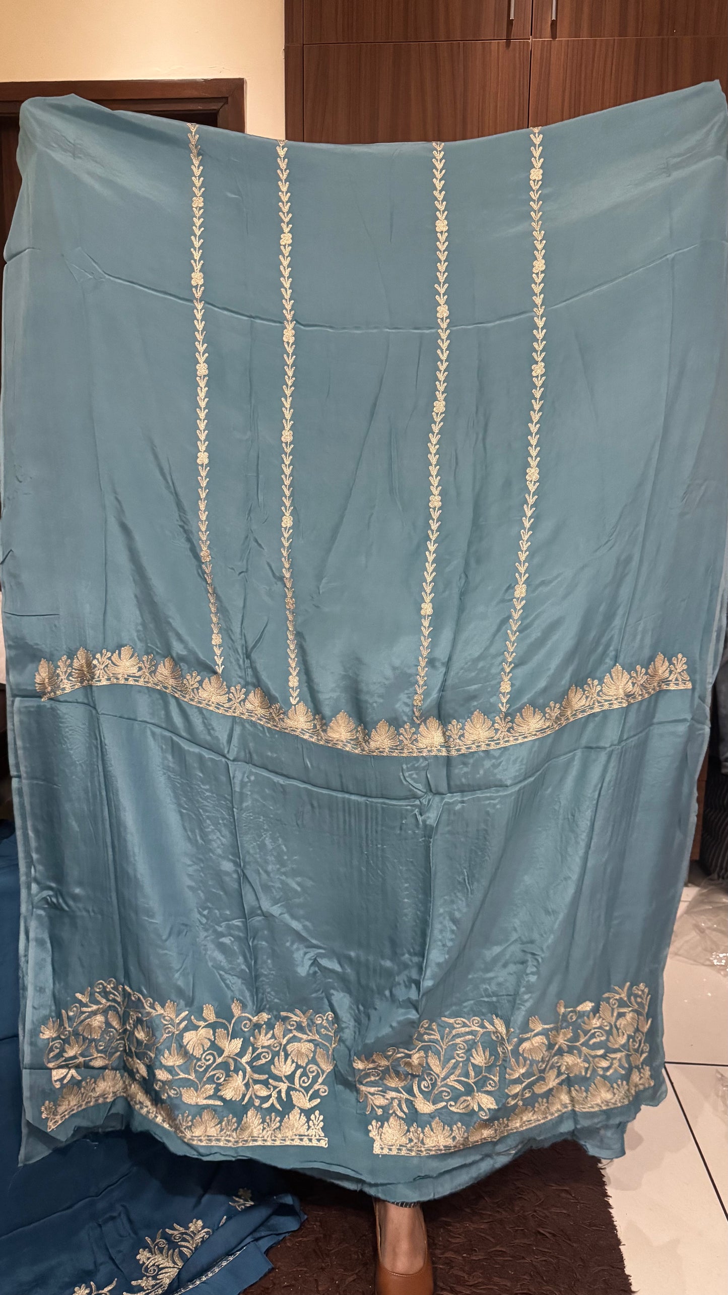 Sky Blue MultiColor Pure Crepe Suit with Kashmiri Tilla Embroidery & Gotta Patti-3 PC