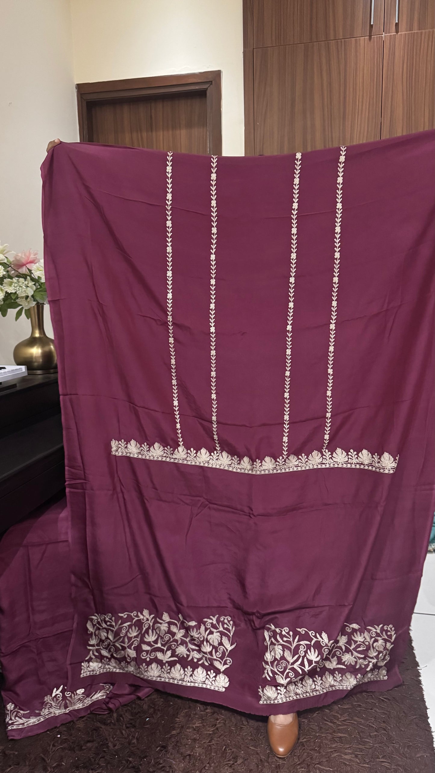 Wine Shade MultiColor Pure Crepe Suit with Kashmiri Tilla Embroidery & Gotta Patti-3 PC