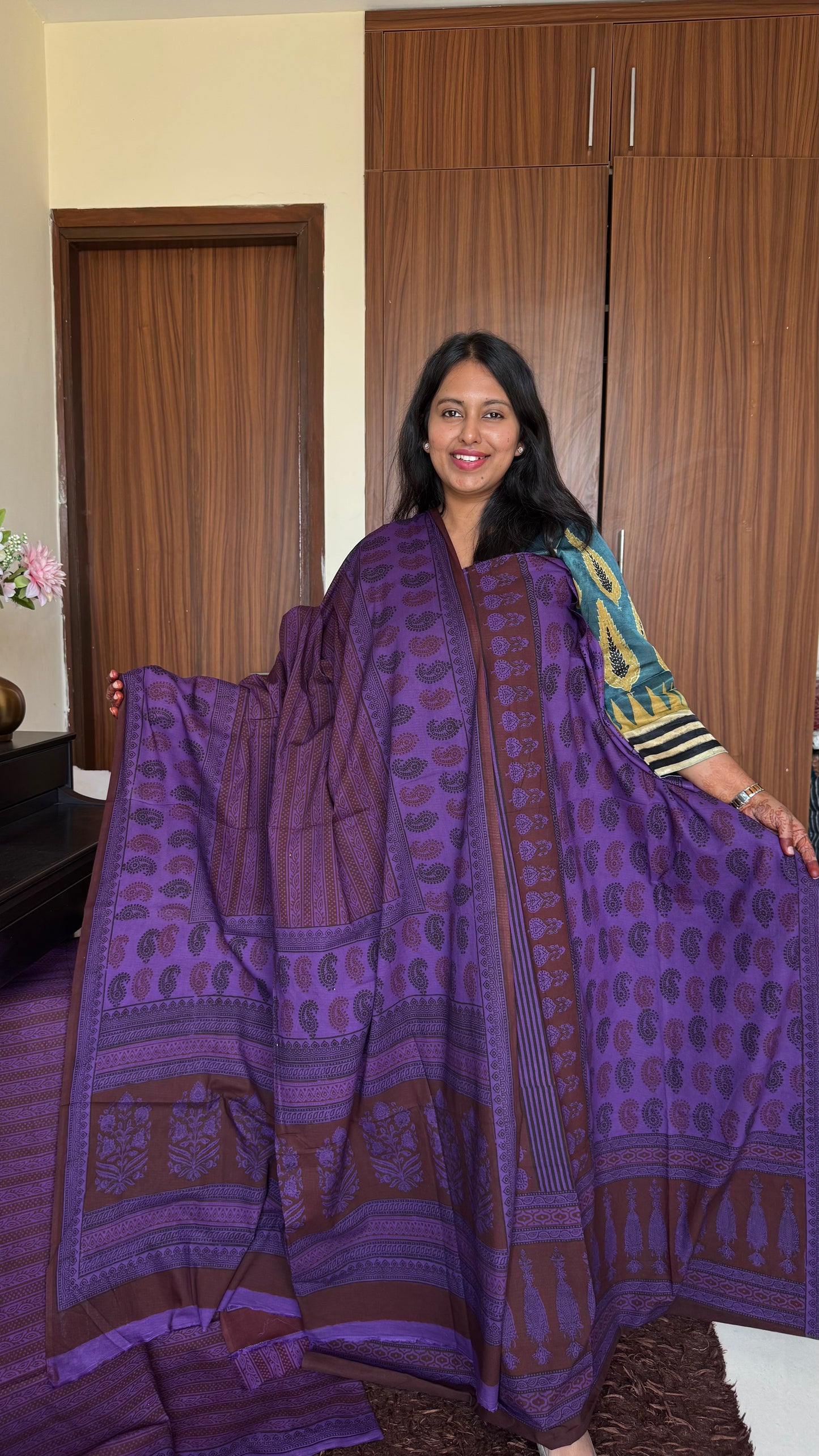 Purple Shade Pure Cotton Suit Set with HandBlocked Bagh Print-3Pc