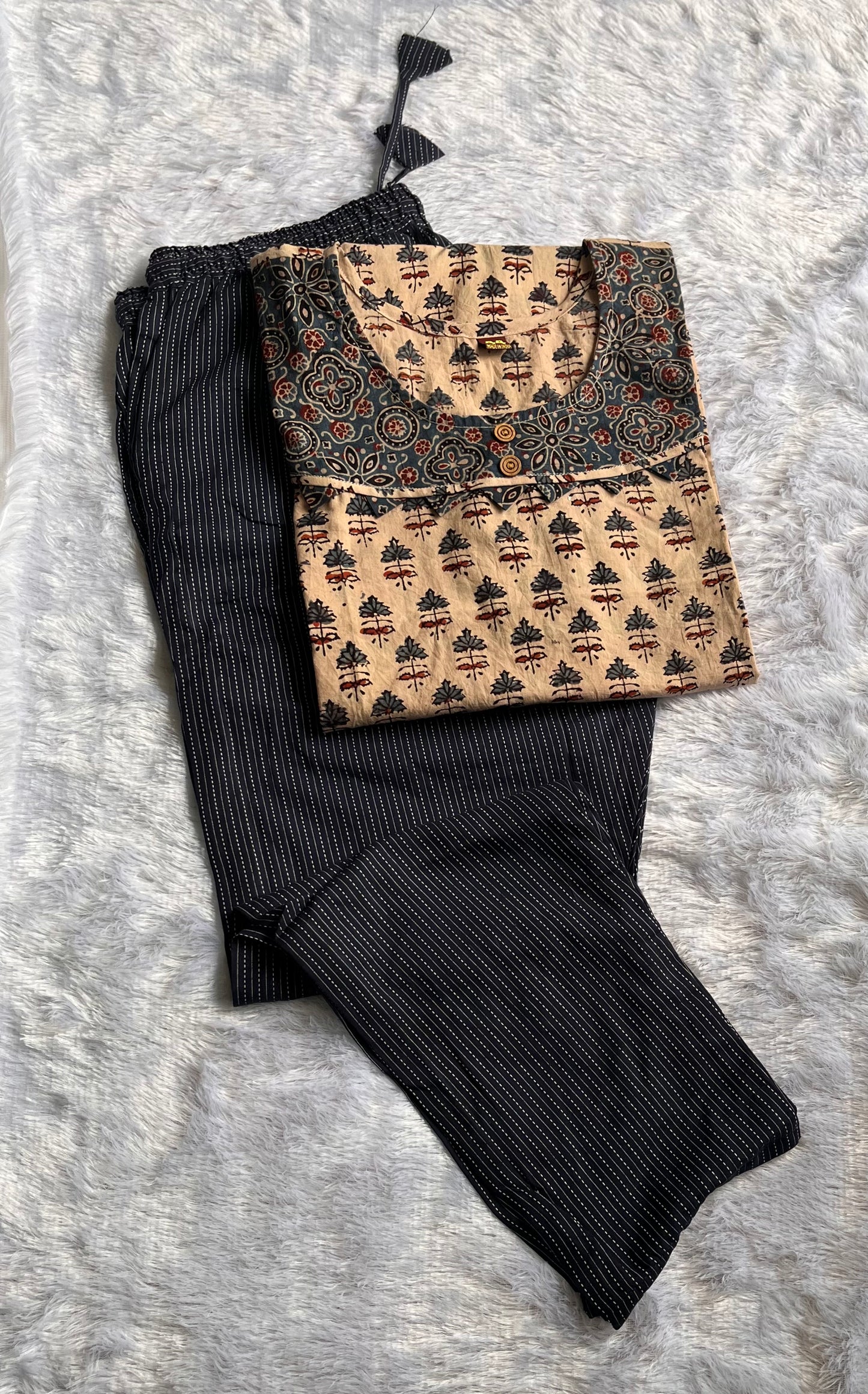 Cream and Blue Ajrakh Print Kurta with Applique Cut Work Kurta Pant Set