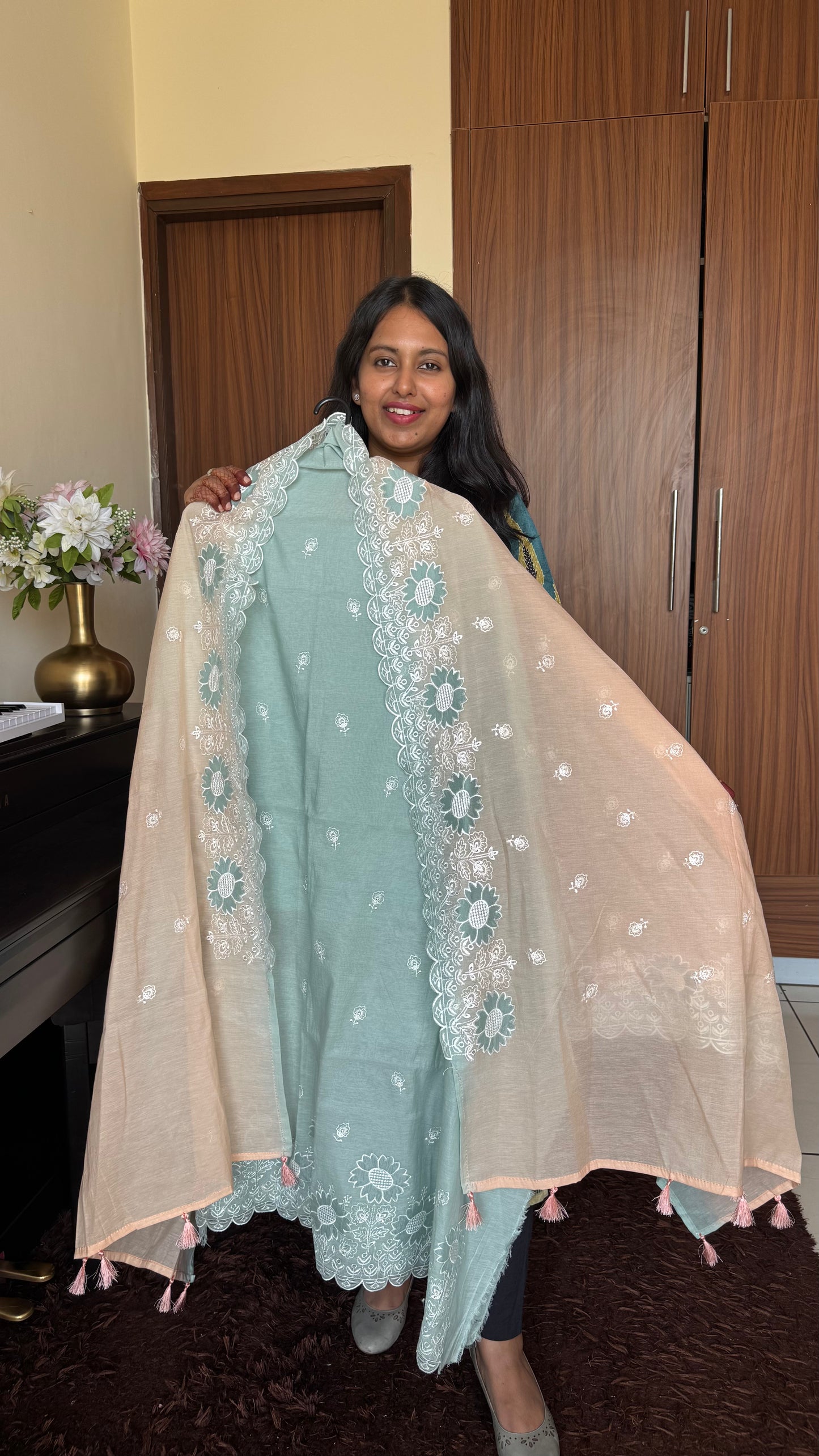 Aqua Blue & Peach Silk Cotton Suit with Thread Embroidery & Tassels-3 Pc