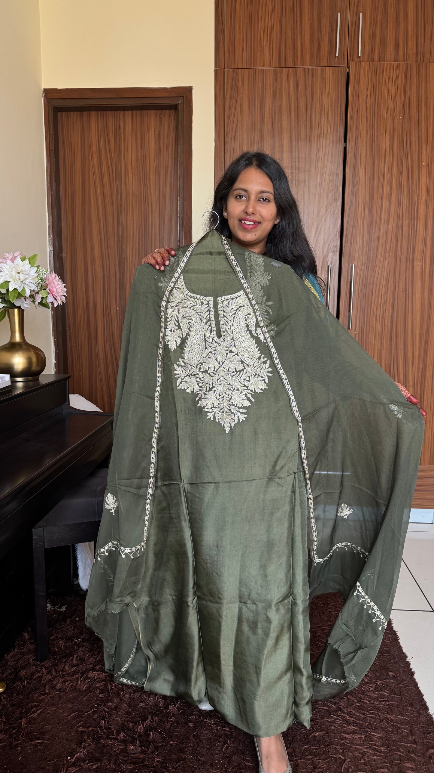 Dark Olive Uppada Silk 3 Piece Suit Set with Kashmiri Tilla Embroidery