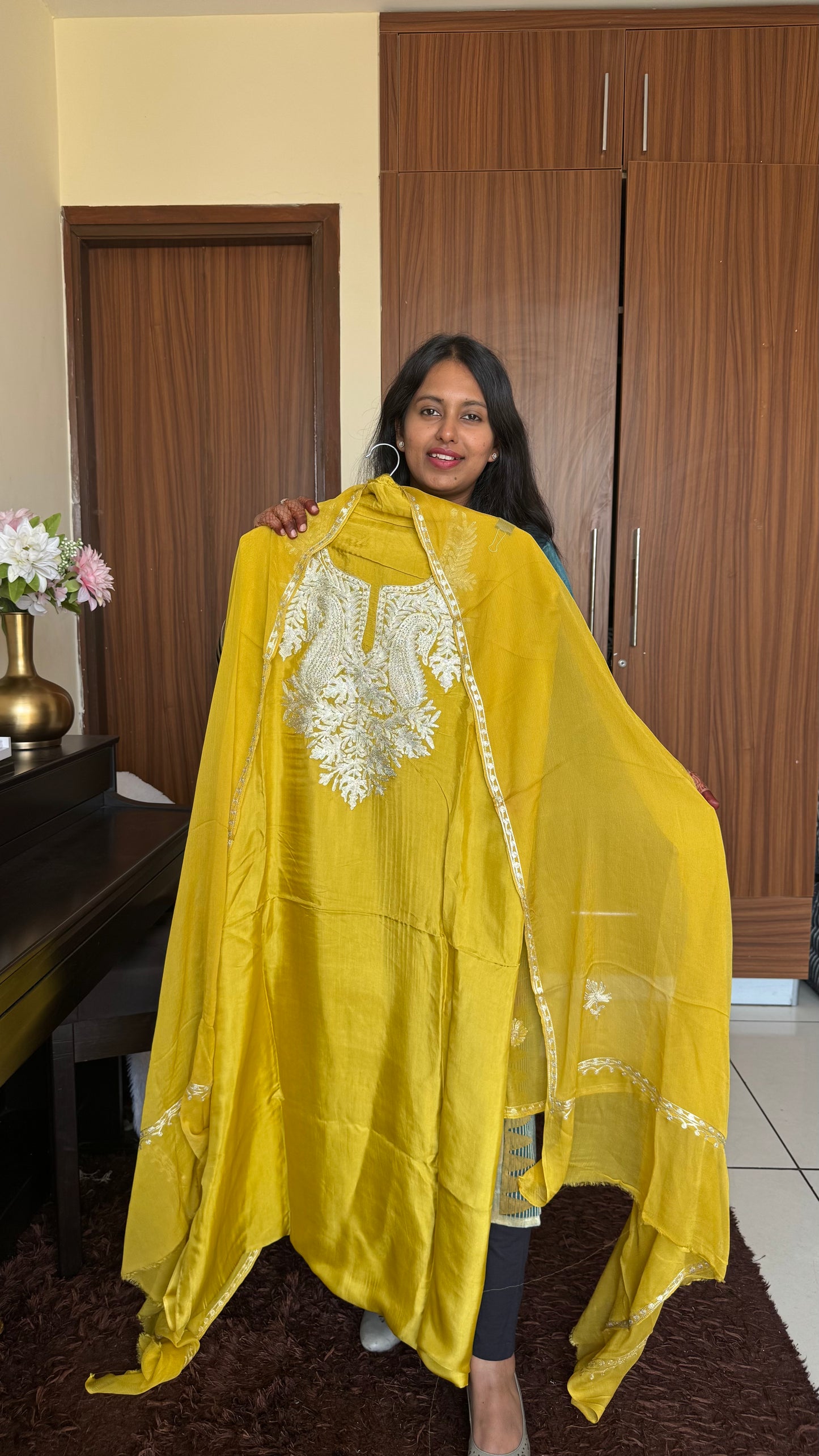 Lemon Yellow Uppada Silk 3 Piece Suit Set with Kashmiri Tilla Embroidery