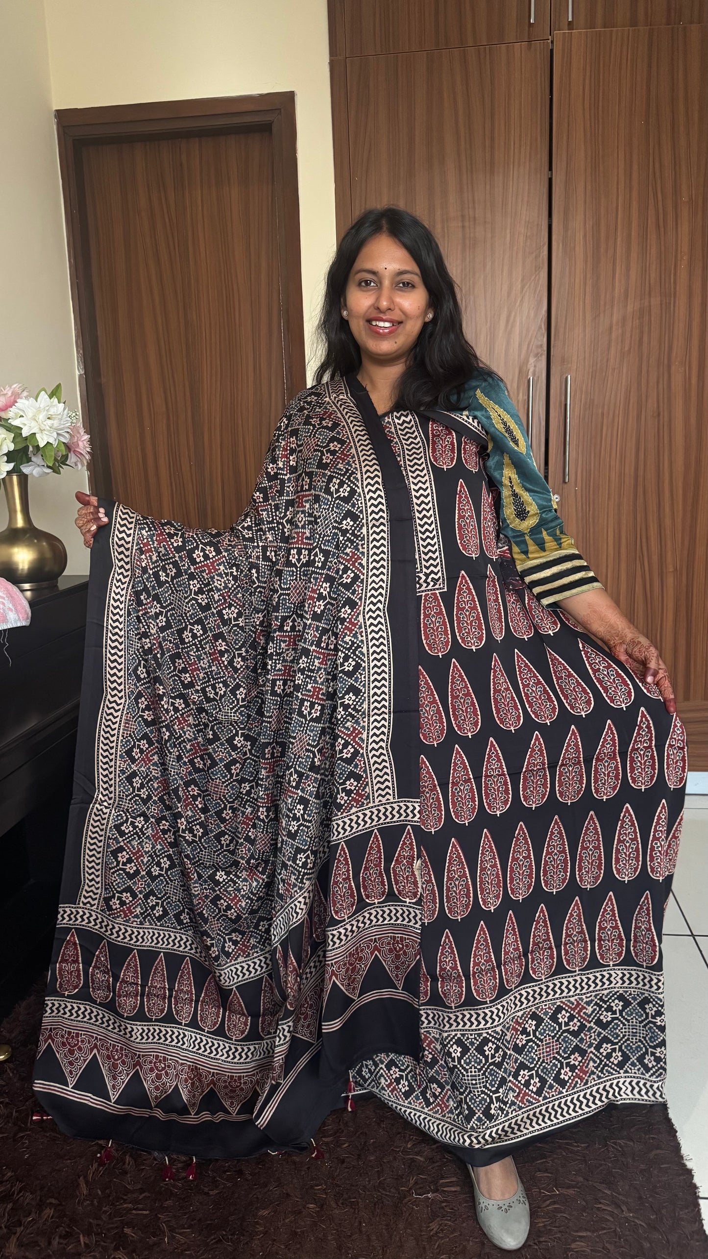Black AssoPallav Motif Modal Silk Hand Block Print 2pc Suit Material Set