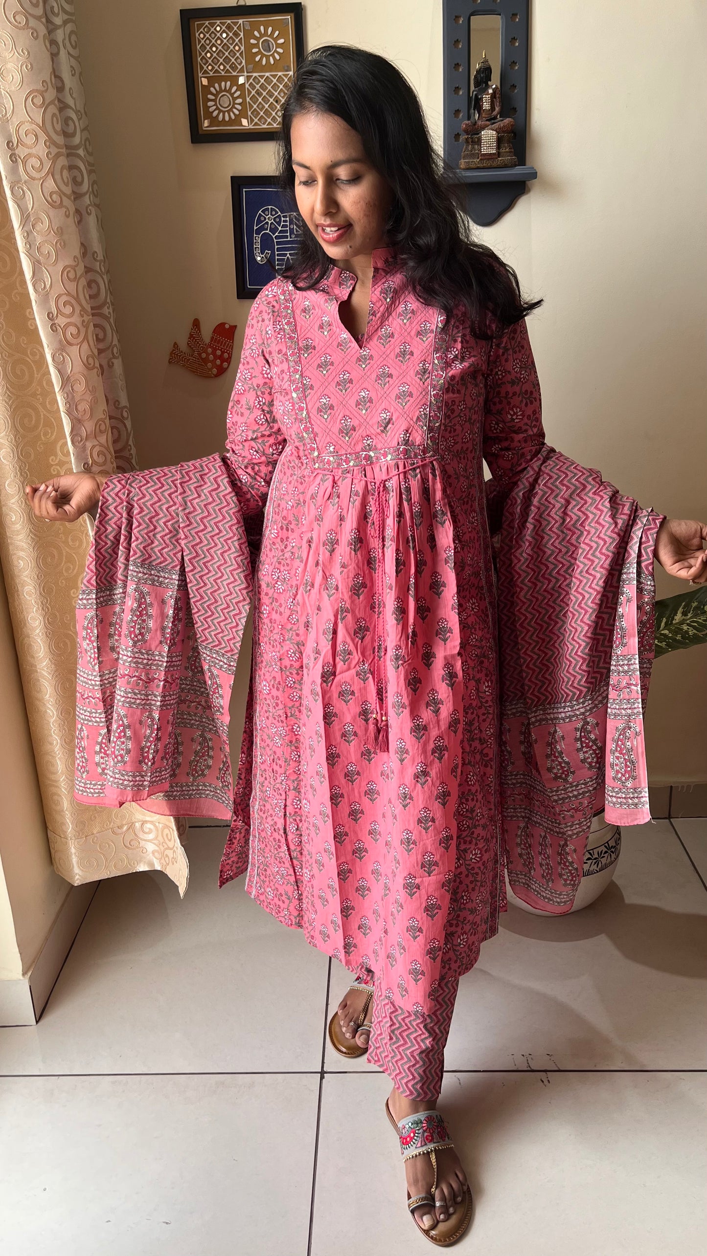 3 Pc Peach Me Not Naira Cut Suit Set with Cotton Dupatta - Desisass