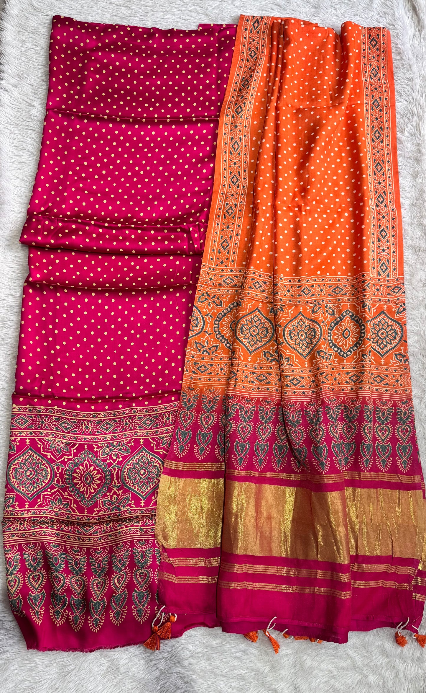 Pink and Orange Polka Motif Modal Silk 3 pc Suit Material Set with Modal Silk Lagdi Patti Dupatta