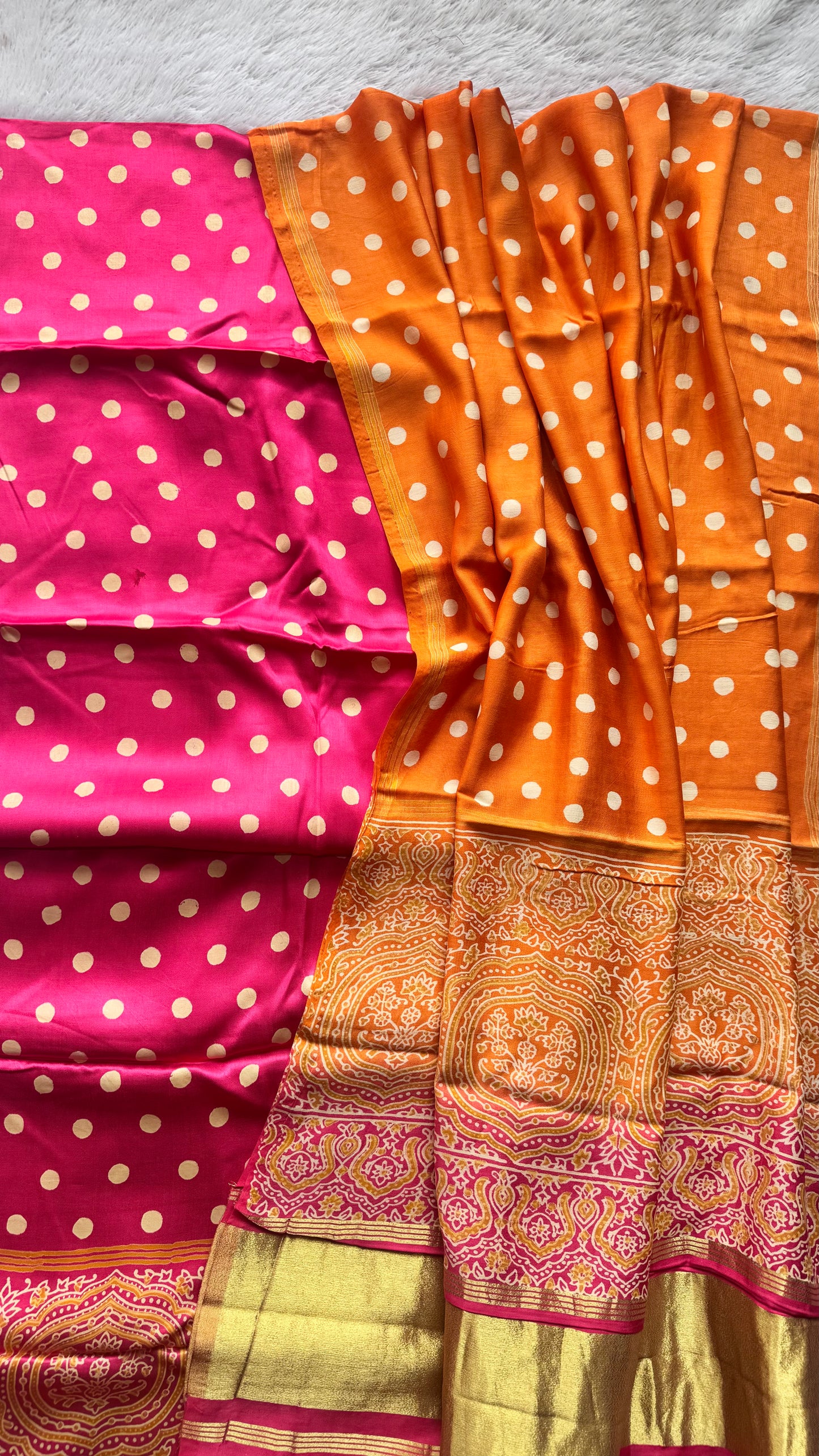 Hot Pink and Orange Modal Silk 3pc Suit Set with Purple Modal Silk Lagdi Patti Dupatta