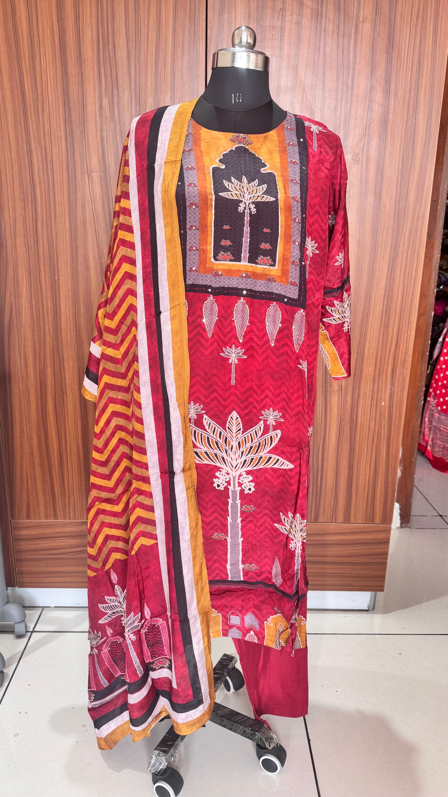 Red and Mustard Jharokha Motif Pure Muslin Suit Set with Muslin Dupatta