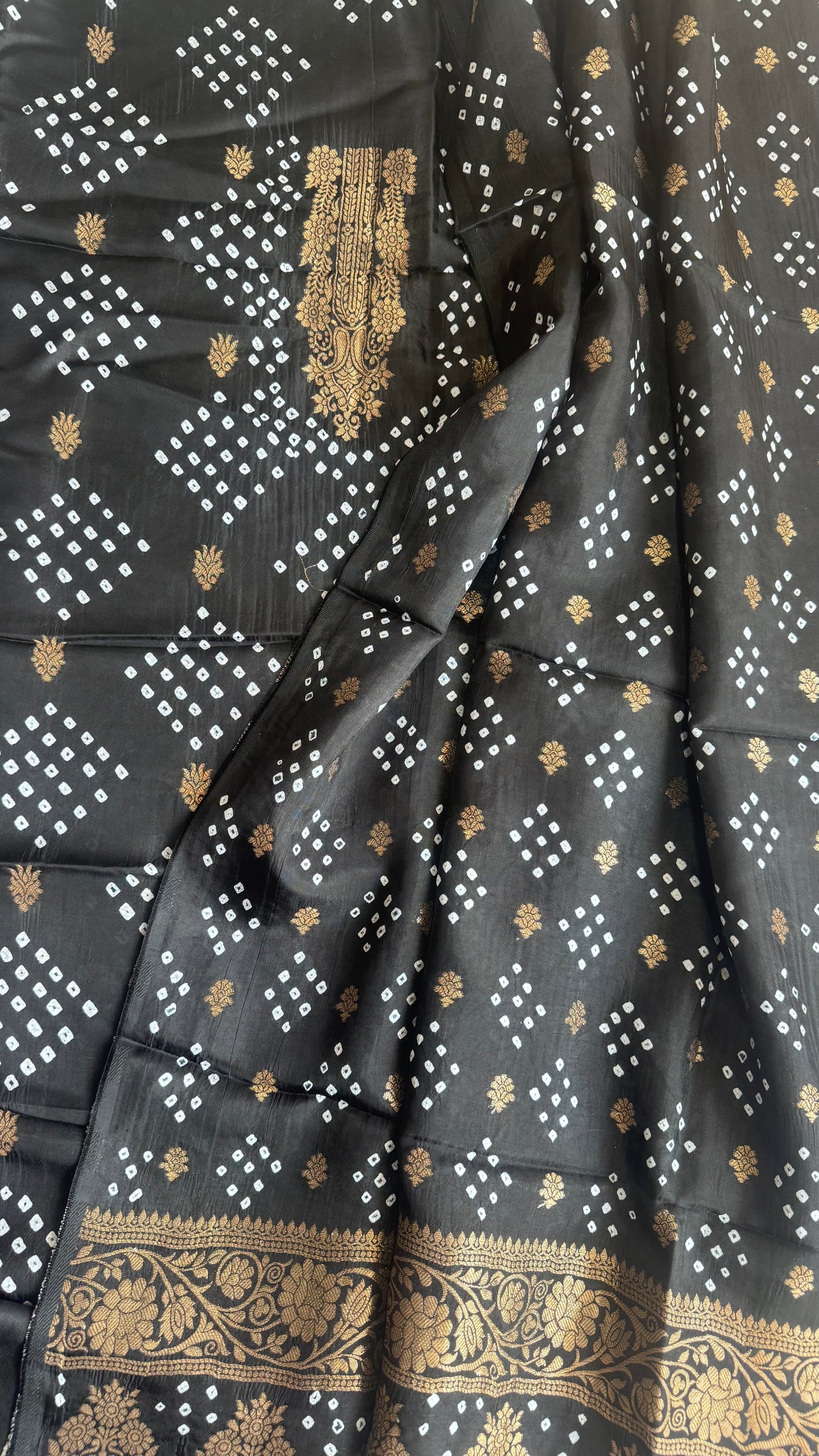 Gorgeous Black Raidana Bandhej Pure Dola Silk Ajrakh Hand Block Print 3 pc Suit Material Set with Menakari Yoke and Nakkashi Dupatta and Bottom