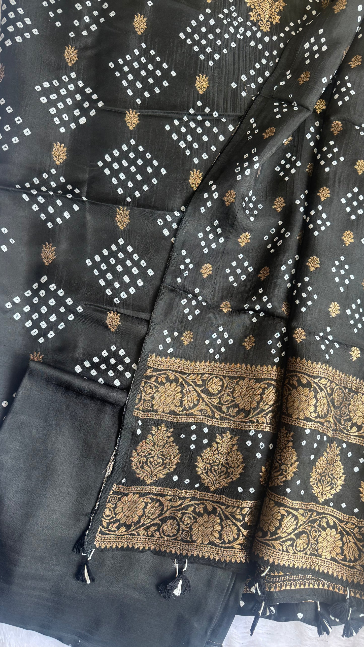 Gorgeous Black Raidana Bandhej Pure Dola Silk Ajrakh Hand Block Print 3 pc Suit Material Set with Menakari Yoke and Nakkashi Dupatta and Bottom