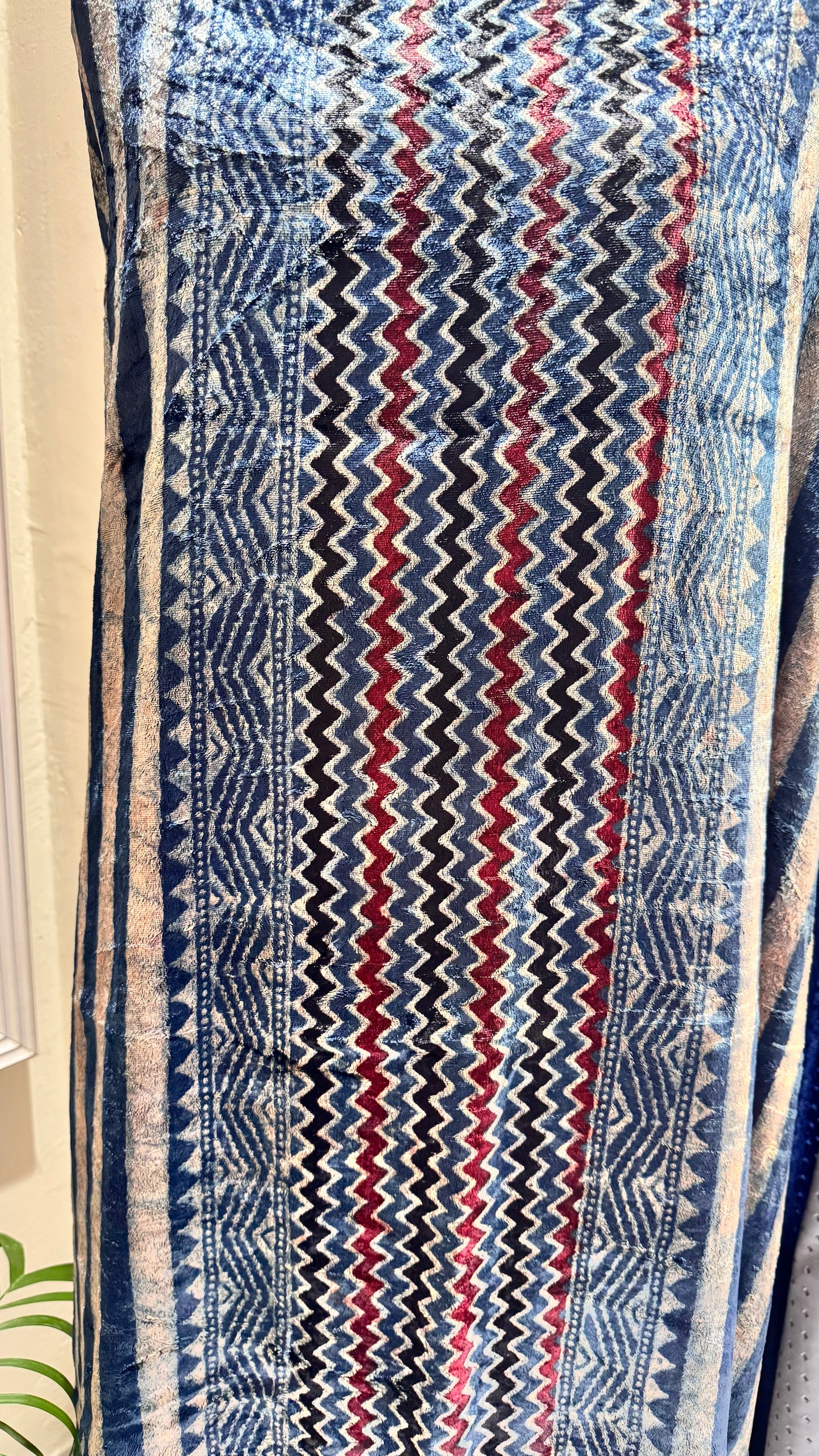 Blue Dhari Buta Velvet Fabric Ajrakh Hand Block Print Designer Unstitched Fabric (Kurta Only)