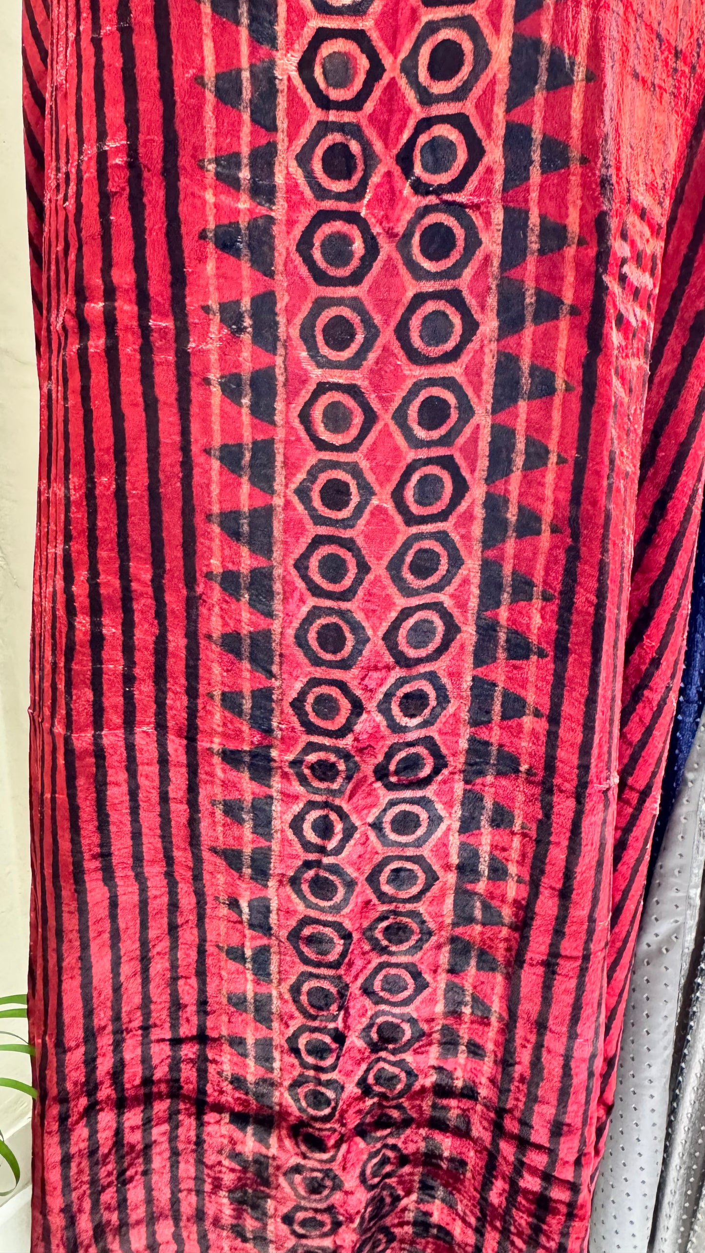 Red Dhari Buta Velvet Fabric Ajrakh Hand Block Print Designer Unstitched Fabric (Kurta Only)