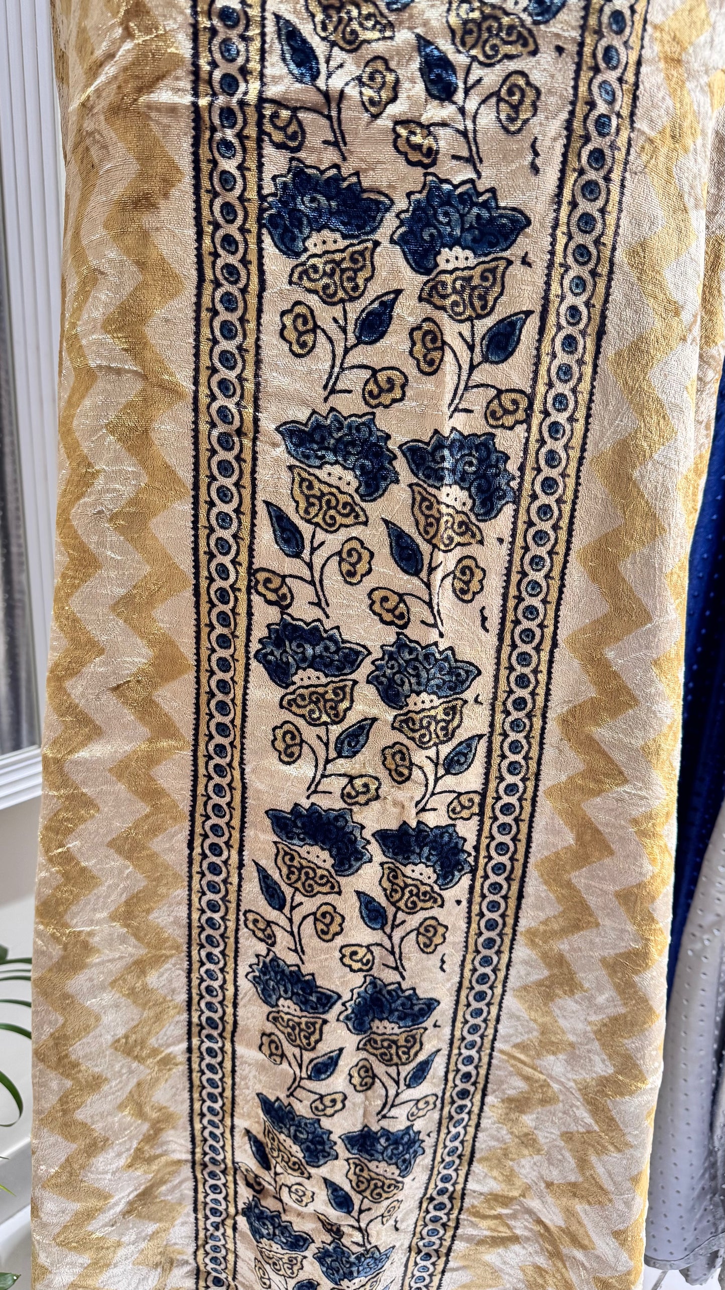 Yellow Dhari Buta Velvet Fabric Ajrakh Hand Block Print Designer Unstitched Fabric (Kurta Only)