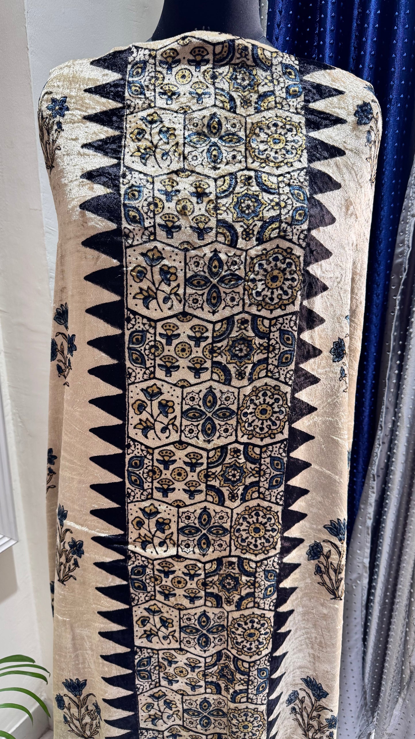 Offwhite Mughal Buta Velvet Fabric Ajrakh Hand Block Print Designer Unstitched Fabric (Kurta Only)