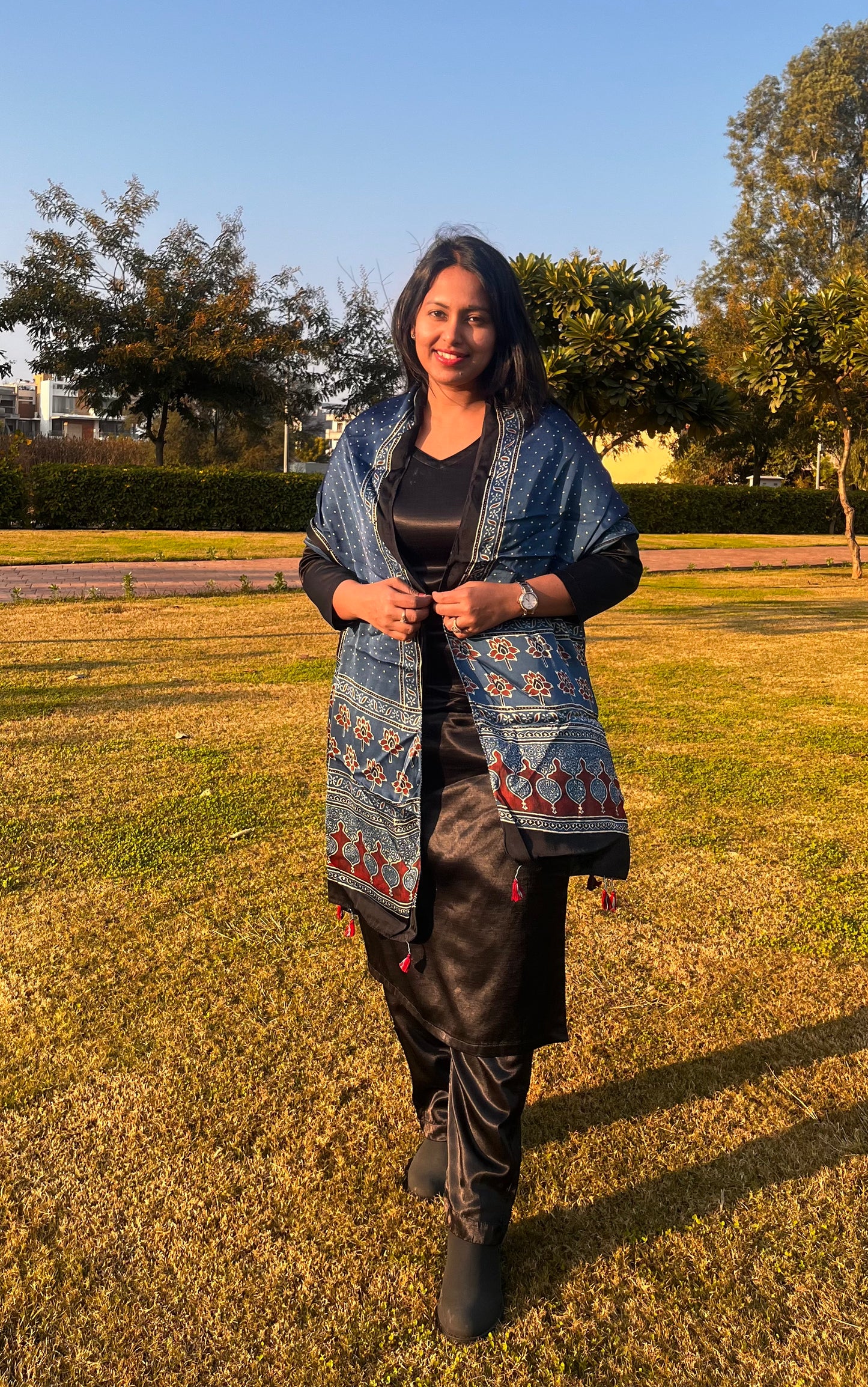 Blue Dotted Motif Ajrakh HandBlock Print Modal Silk Stole with Tassels