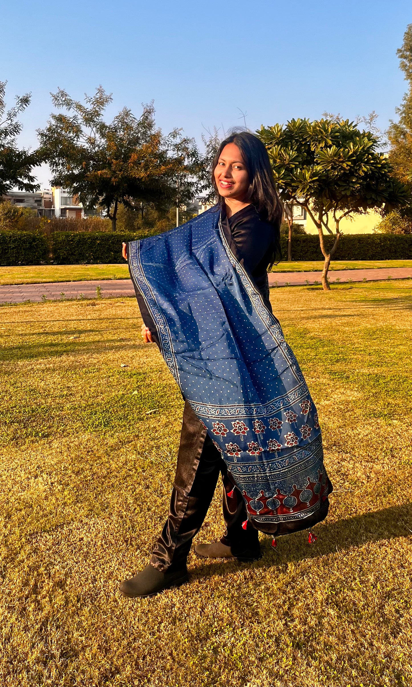 Blue Dotted Motif Ajrakh HandBlock Print Modal Silk Stole with Tassels