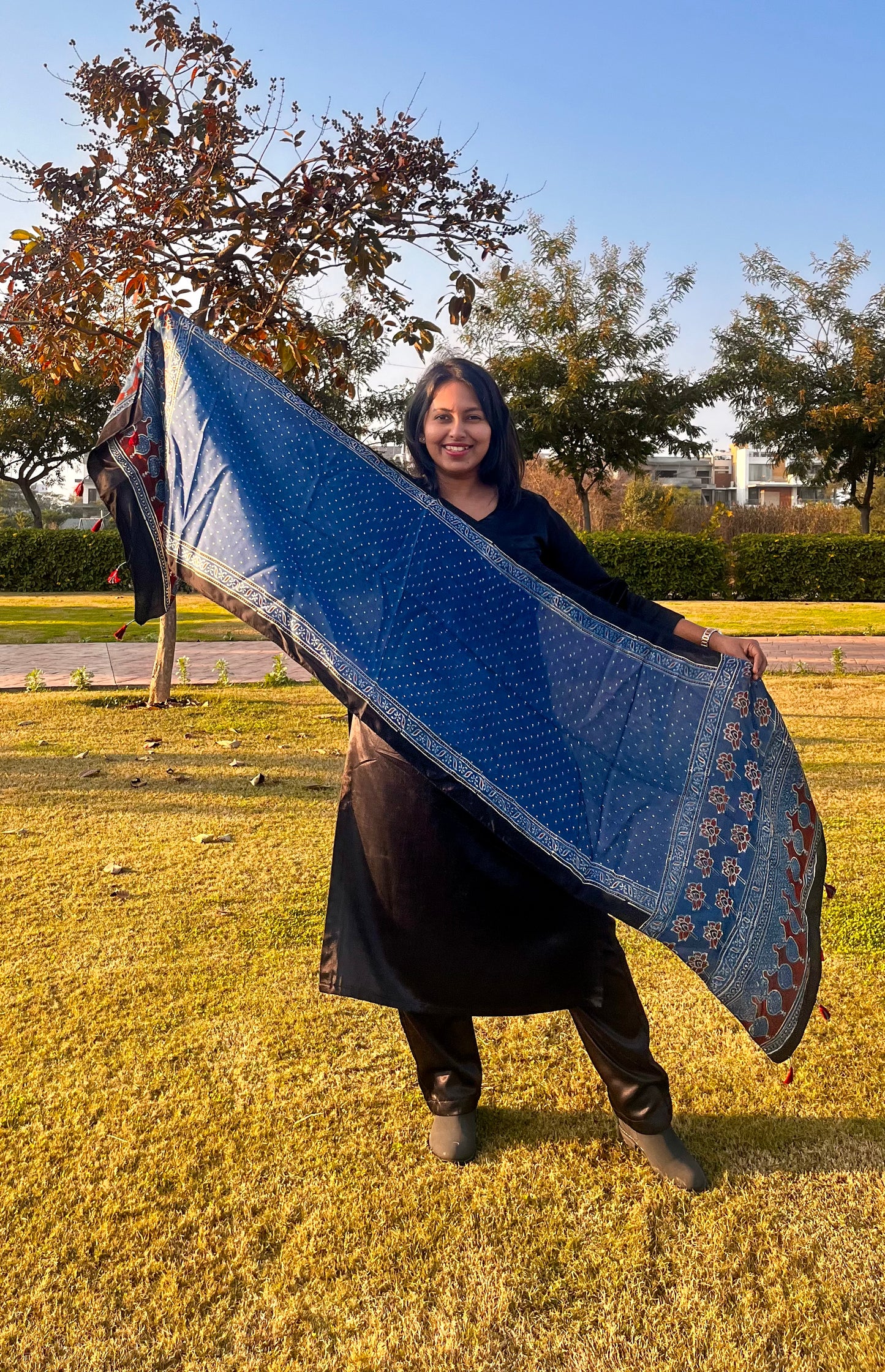 Blue Dotted Motif Ajrakh HandBlock Print Modal Silk Stole with Tassels