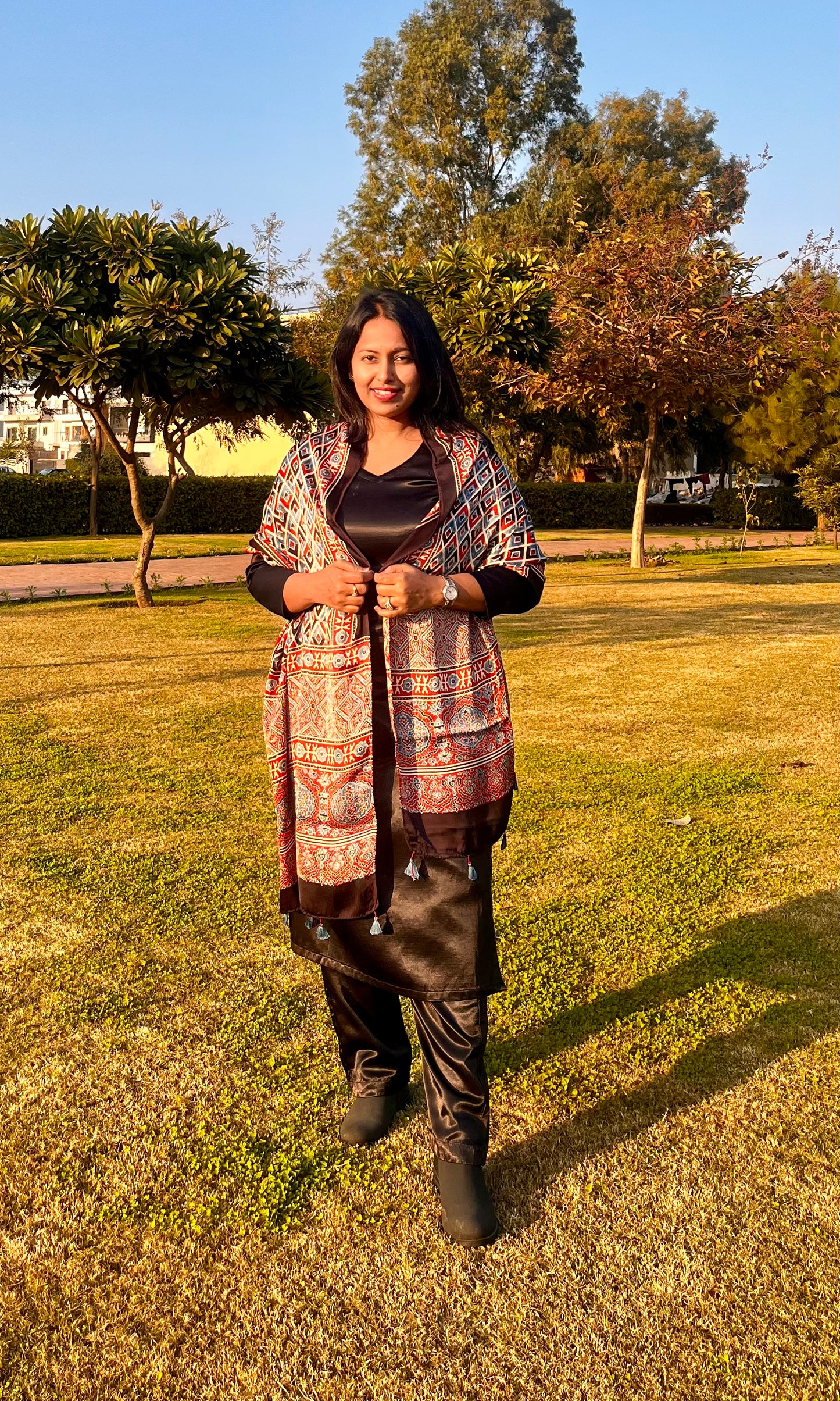 Multicolour Grid Motif Ajrakh Hand Block Print Mashru Silk Stole with Tassels