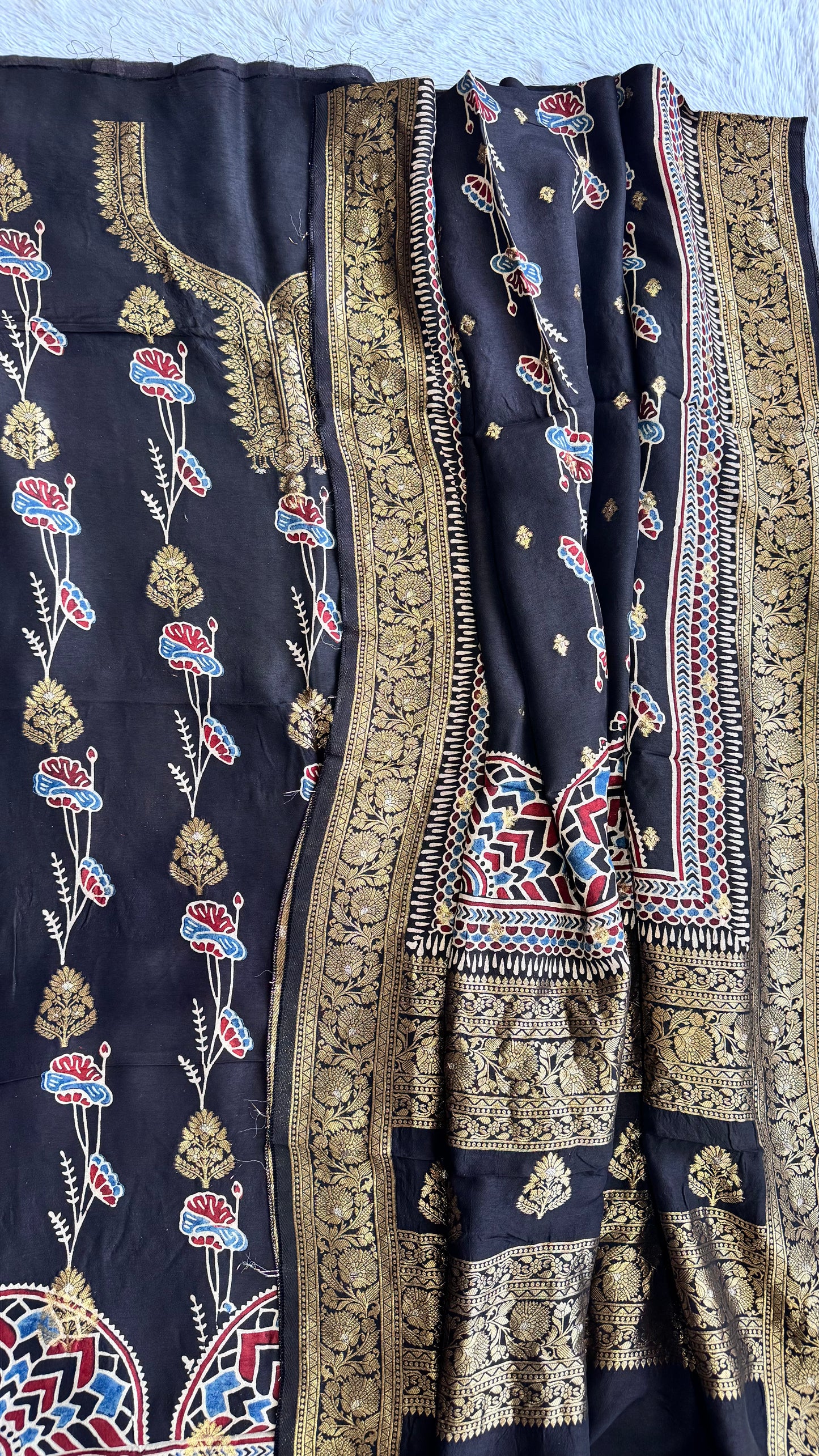 Black Marigold Boota Pure Dola Silk Ajrakh Hand Block Print 2pc Suit Material Set with Zari Yoke and Nakkashi Dupatta
