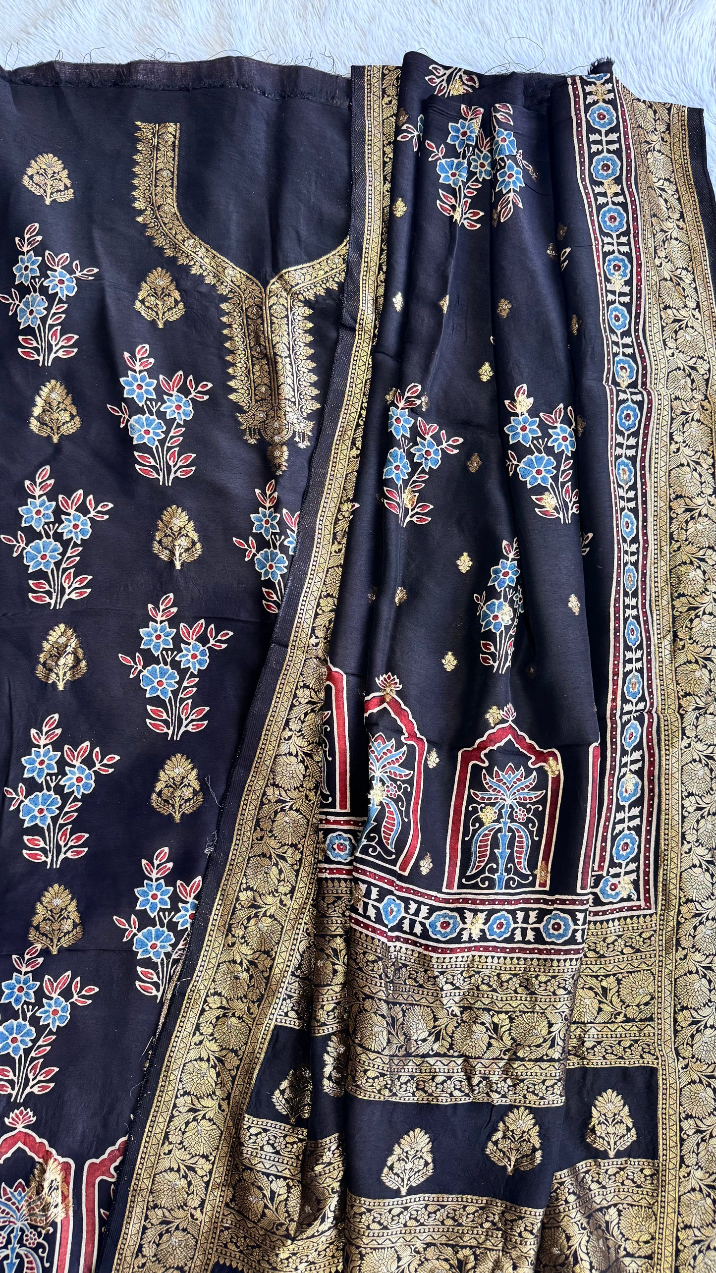 Black Guldasta Motif Pure Dola Silk Ajrakh Hand Block Print 2pc Suit Material Set with Zari Yoke and Nakkashi Dupatta