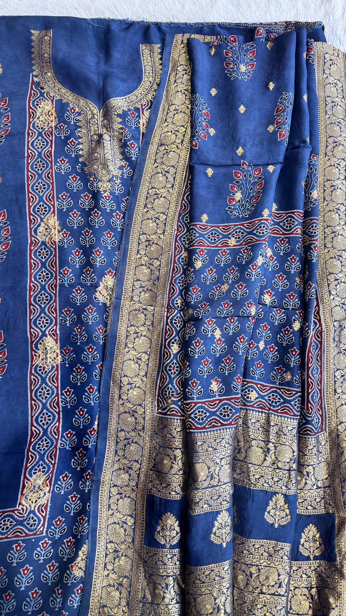 Blue Mugal Buta Motif Pure Dola Silk Ajrakh Hand Block Print 2pc Suit Material Set with Zari Yoke and Nakkashi Dupatta