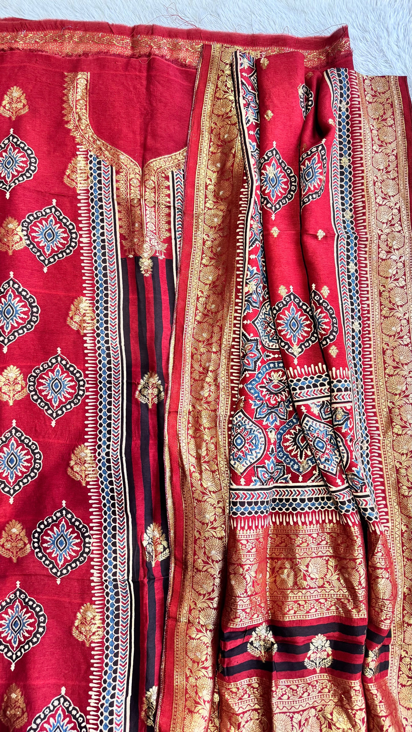 Red Badam Buta Motif Pure Dola Silk Ajrakh Hand Block Print 2pc Suit Material Set with Zari Yoke and Nakkashi Dupatta