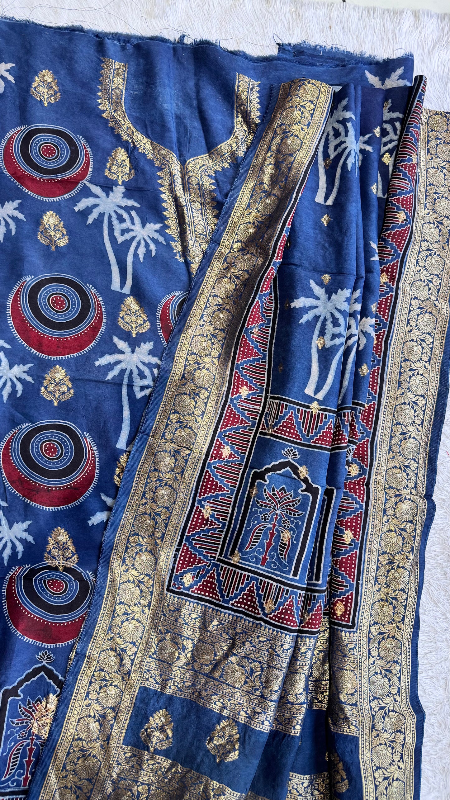 Blue Palm Circle Motif Pure Dola Silk Ajrakh Hand Block Print 2pc Suit Material Set with Zari Yoke and Nakkashi Dupatta
