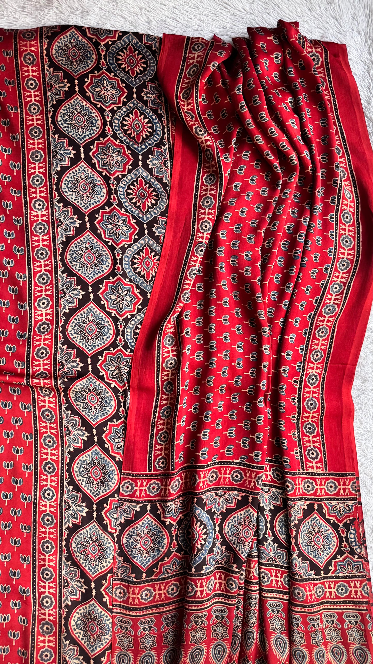 Red Badam and Kamalbuti Modal Silk Ajrakh Hand Block 2 pc Suit Set with Modal Silk Dupatta