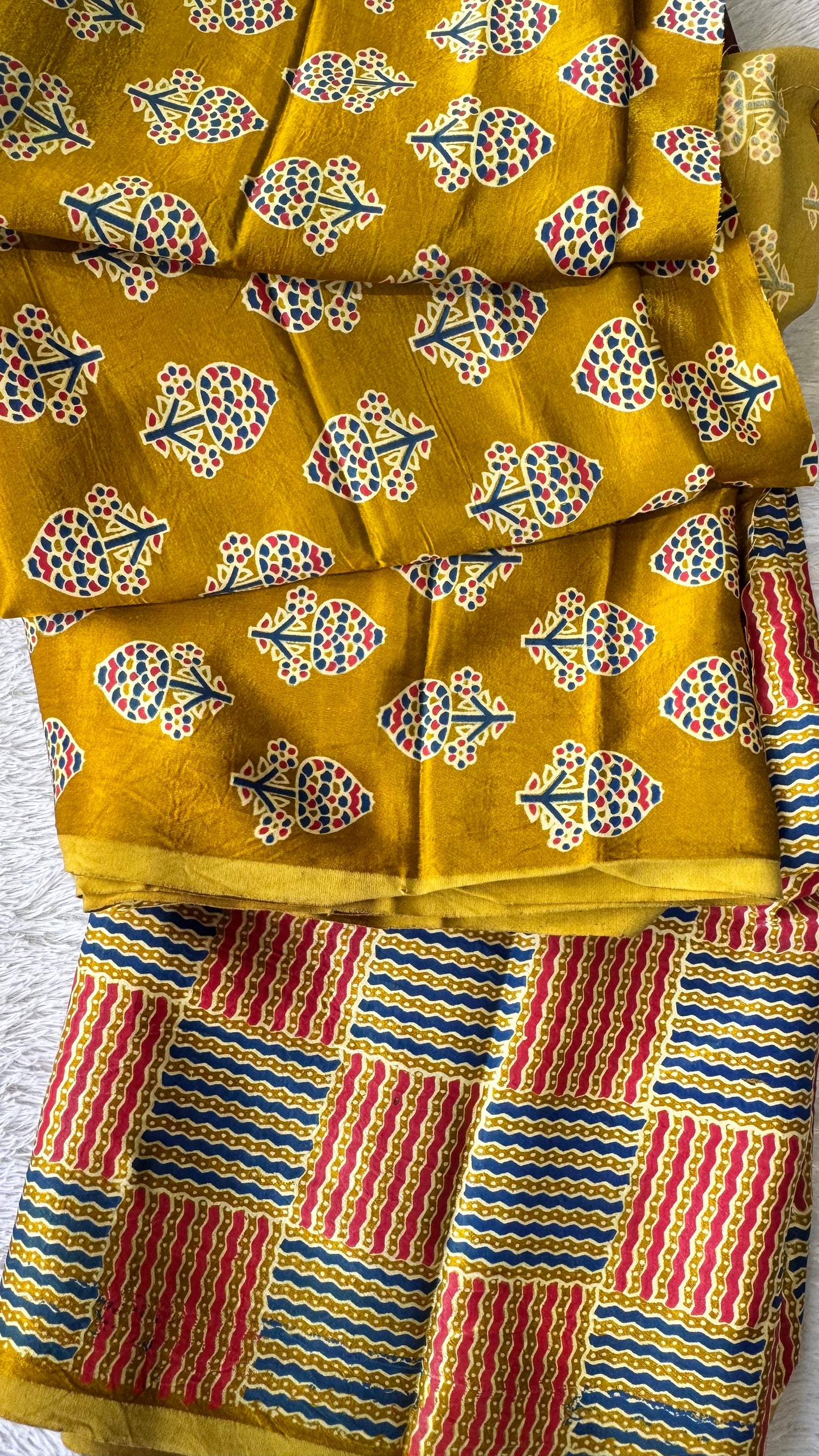 Yellow Floral Buta Motif Ajrakh Mashru Silk Kurta Pant Fabric