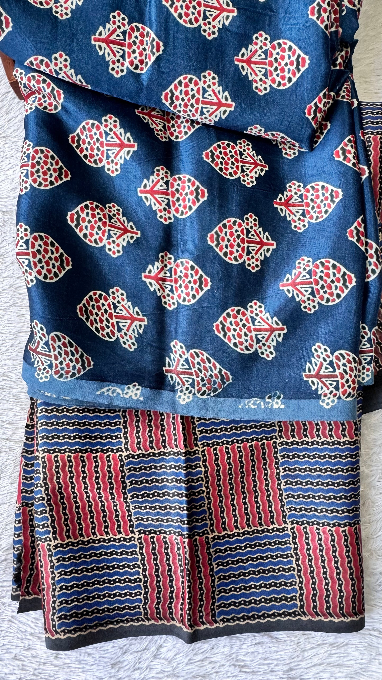 Blue Floral Buta Motif Ajrakh Mashru Silk Kurta Pant Fabric