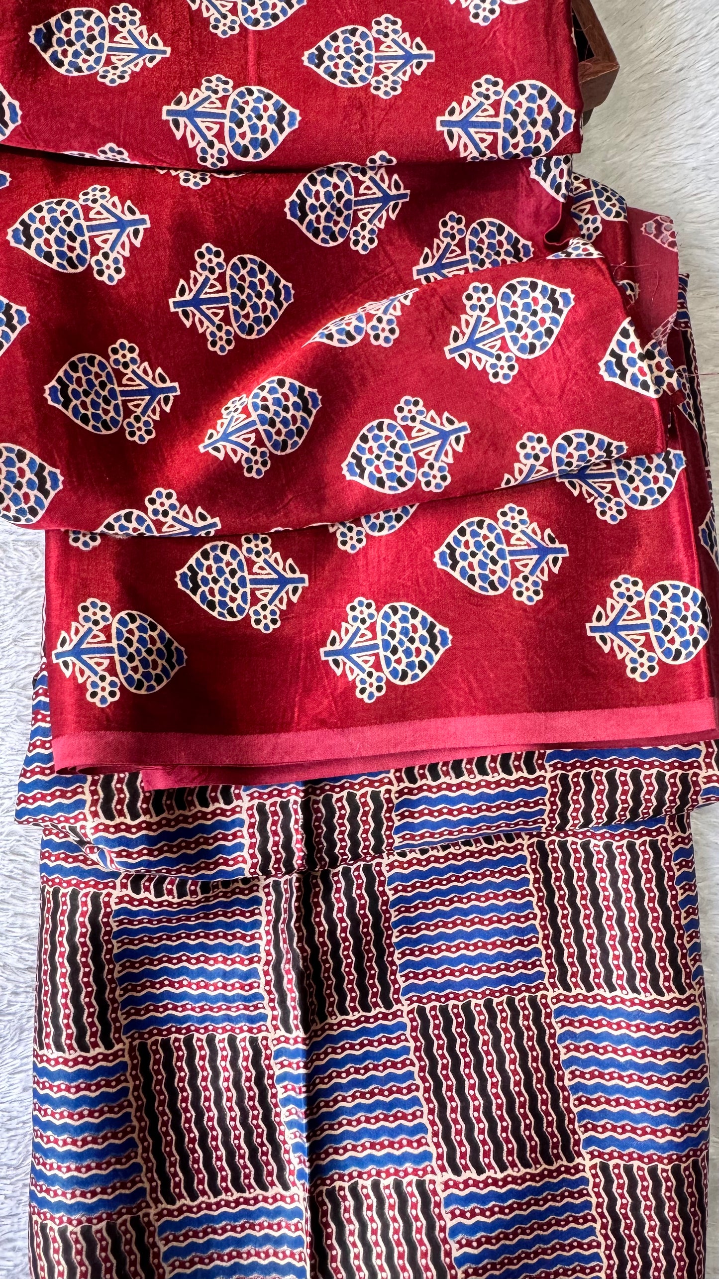 Red Floral Buta Motif Ajrakh Mashru Silk Kurta Pant Fabric