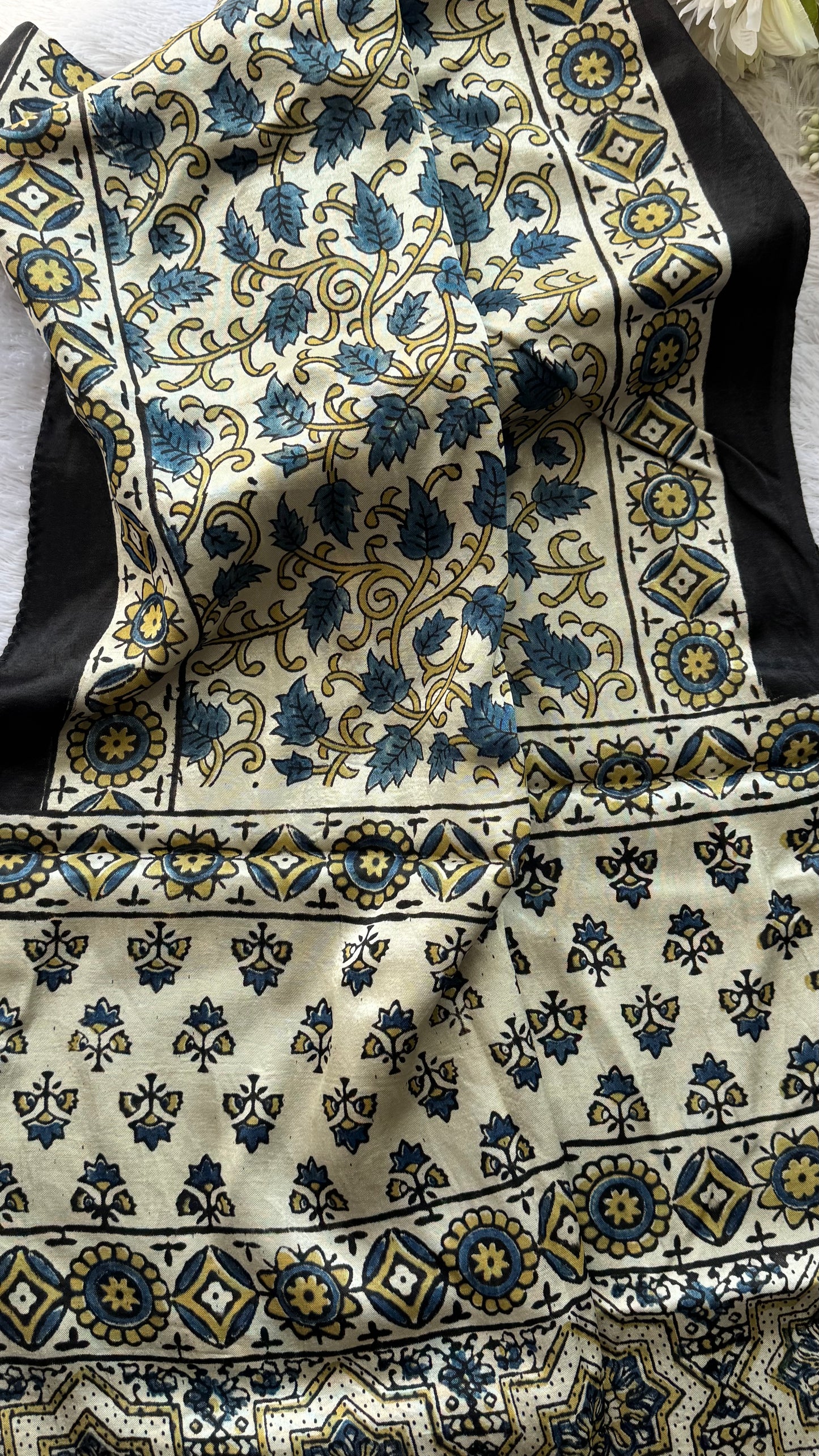 Offwhite Shade Blue Leaf Motif Ajrakh Hand Block Print Mashru Silk Stole with Tassels