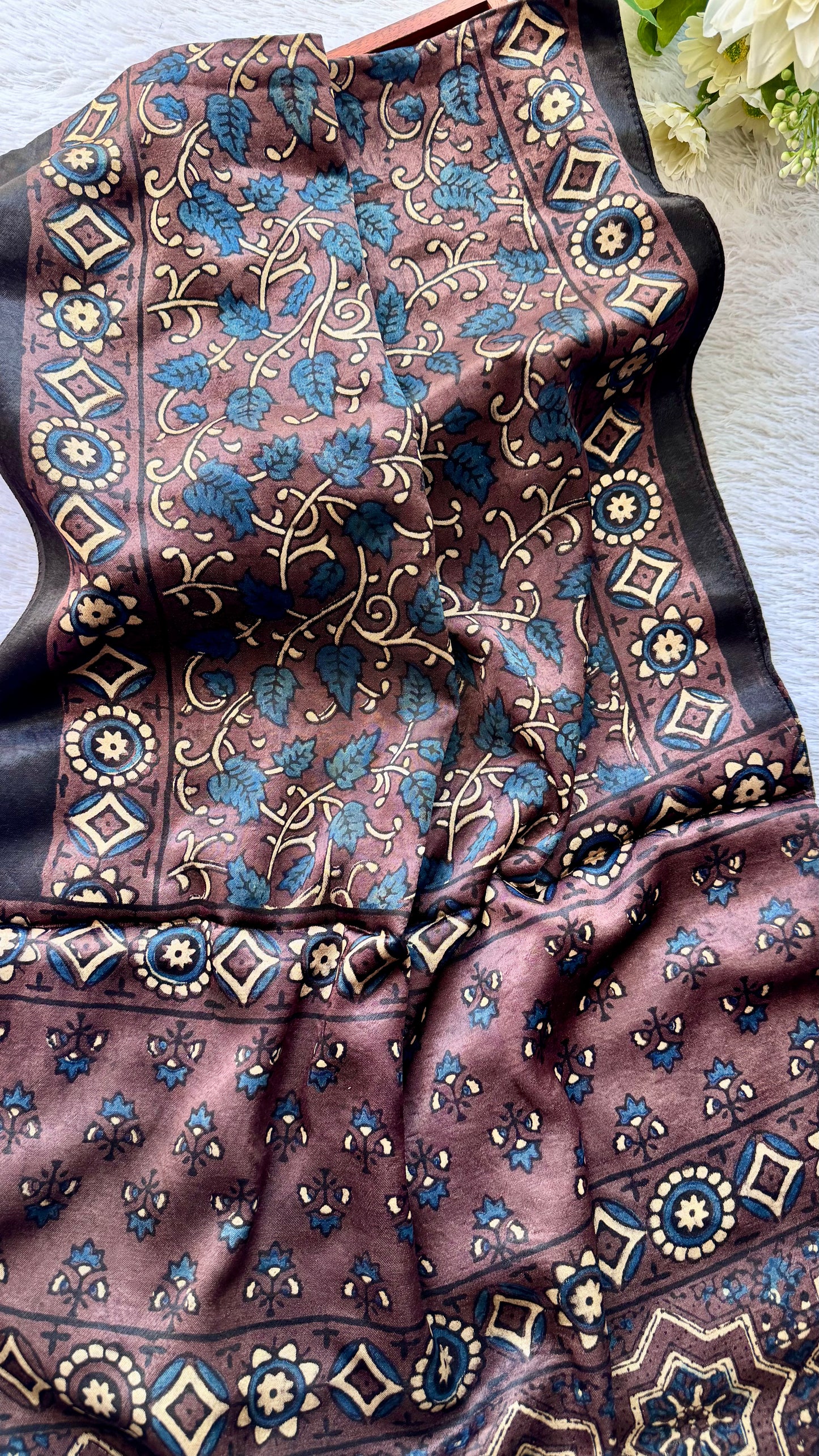 Raisin Shade Blue Leaf Motif Ajrakh Hand Block Print Mashru Silk Stole with Tassels